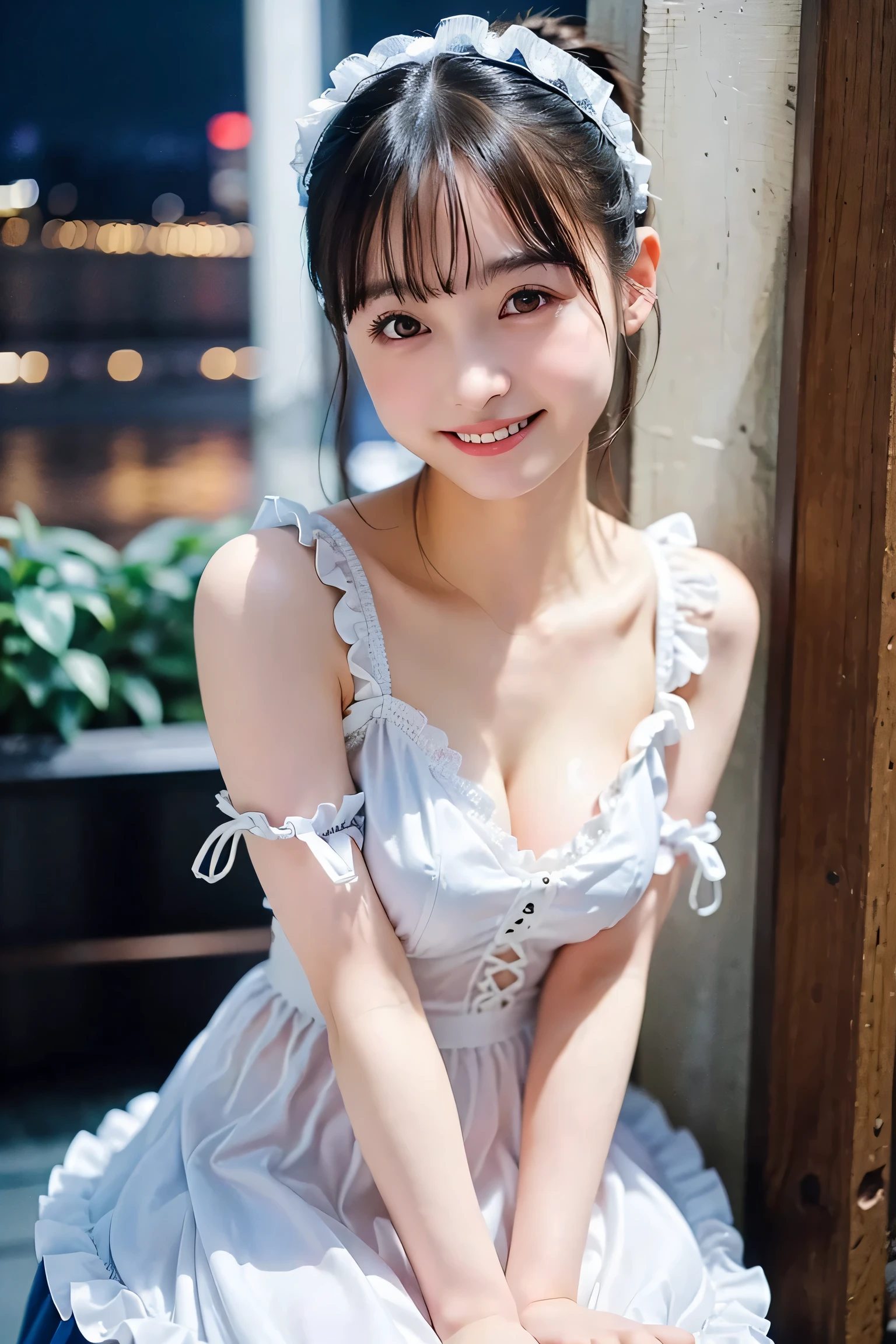 (Highest quality, DSLR, 8k, Highest quality, High resolution, Highest quality, Highest resolution, Very beautiful woman, Perfect anatomy), Light brown eyes, Very light brown eyes, Small diamond-shaped earrings, Looking at the camera, Beautiful brown hair, ((Baby face, loose and cute medium ponytail)), Very short and beautiful bangs with brown hair, E-cup breasts, Not showing the décolletage, Very beautiful 20-year-old, Lip gloss, Smiling very happily, Very cute smile, Upper teeth, Beautiful teeth, (Interior of an elegant mansion (background only), Slightly larger eyes, Small face, Tall supermodel, Beautifully proportioned model, Random cute poses without showing the décolletage in gravure style, Dynamic angle, Eye focus, Head tilt, Very detailed and realistic, Very beautiful 20-year-old, ((Medium Shot)), Sharp jawline, ((Maid outfit)), Deep waistline, Sexy legs, Side view, Smiling very happily, Laughing, Summer daytime