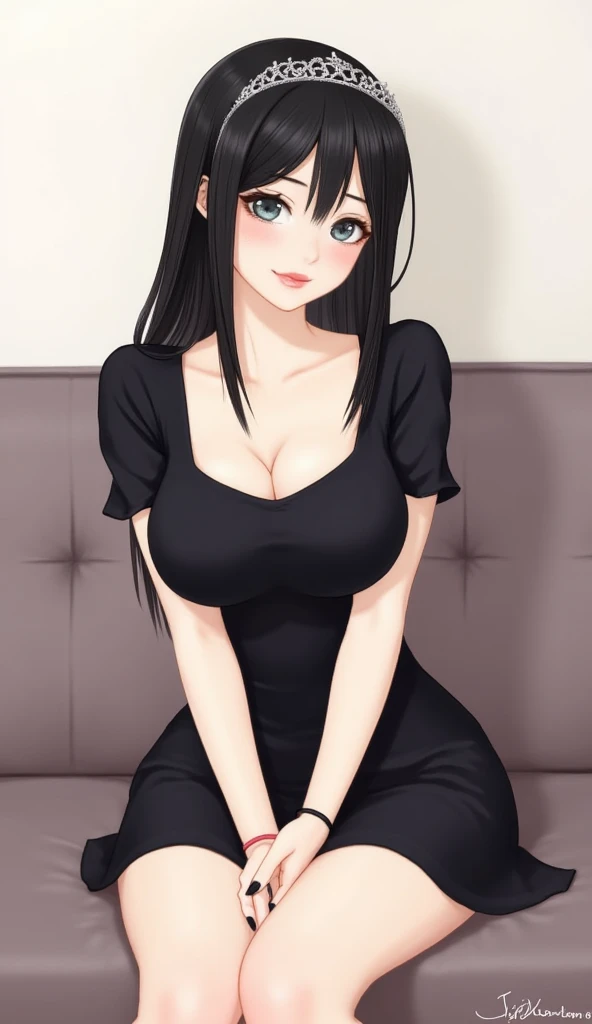 Sexy woman, long black luscious hair, seductive gaze and smile, blushing intensely, perfect body, black and white knitted off shoulder dress, medium chest, cleavage, sitting on bed