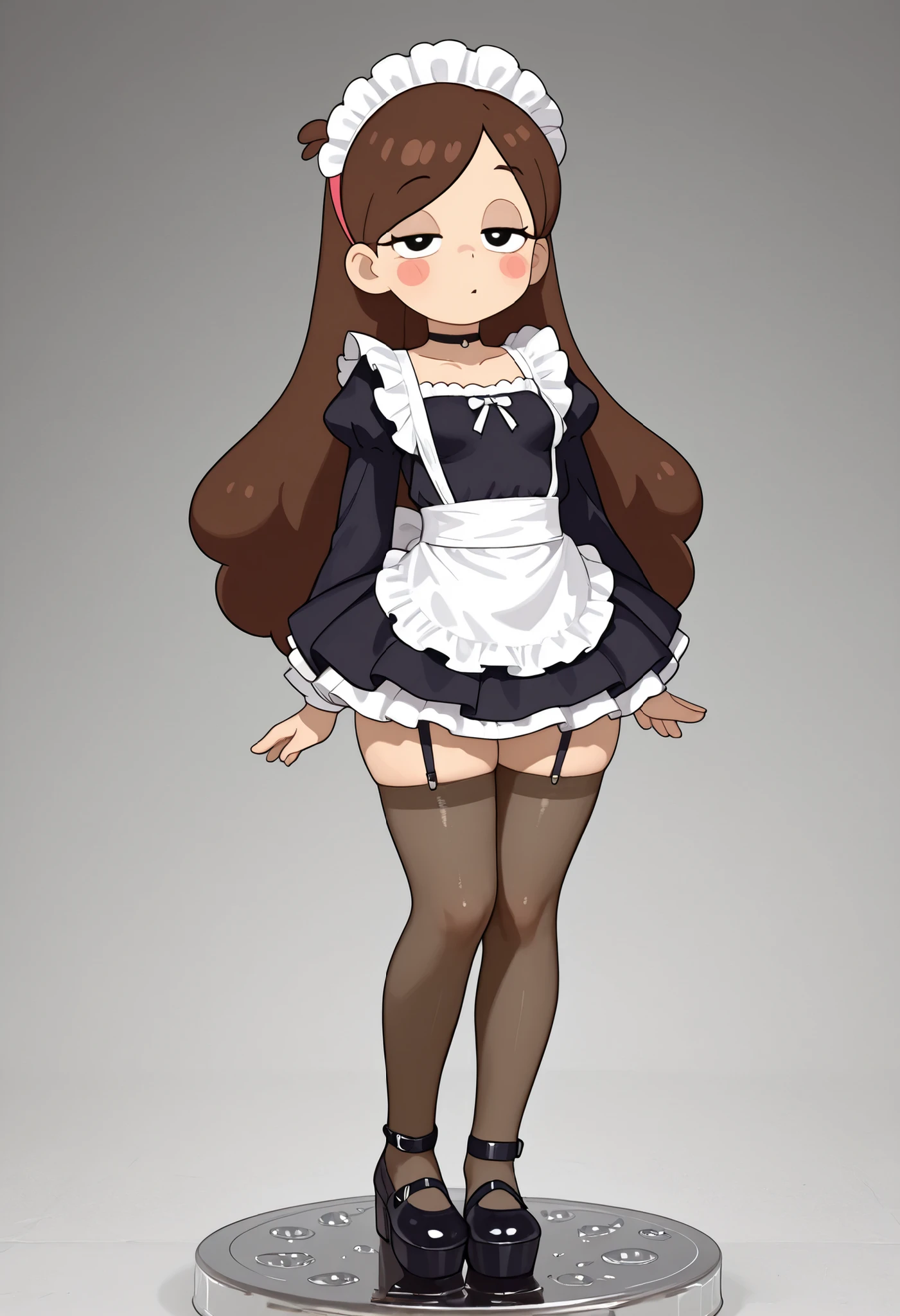 Mabel Pines, blush stickers, brown hair. black eyes. half-closed eyes, small breasts, huge hips. long eyelashes, choker. | score_9, score_8_up, score_7_up, faux figurine, nendoroid, full body, figure, platform, solo, Anime, 1girl, masterpiece, best quality, high quality, high resolution, highres.|| Looking from the viewer, choker, maid dress, kitchen. half-open eyes. stockings.