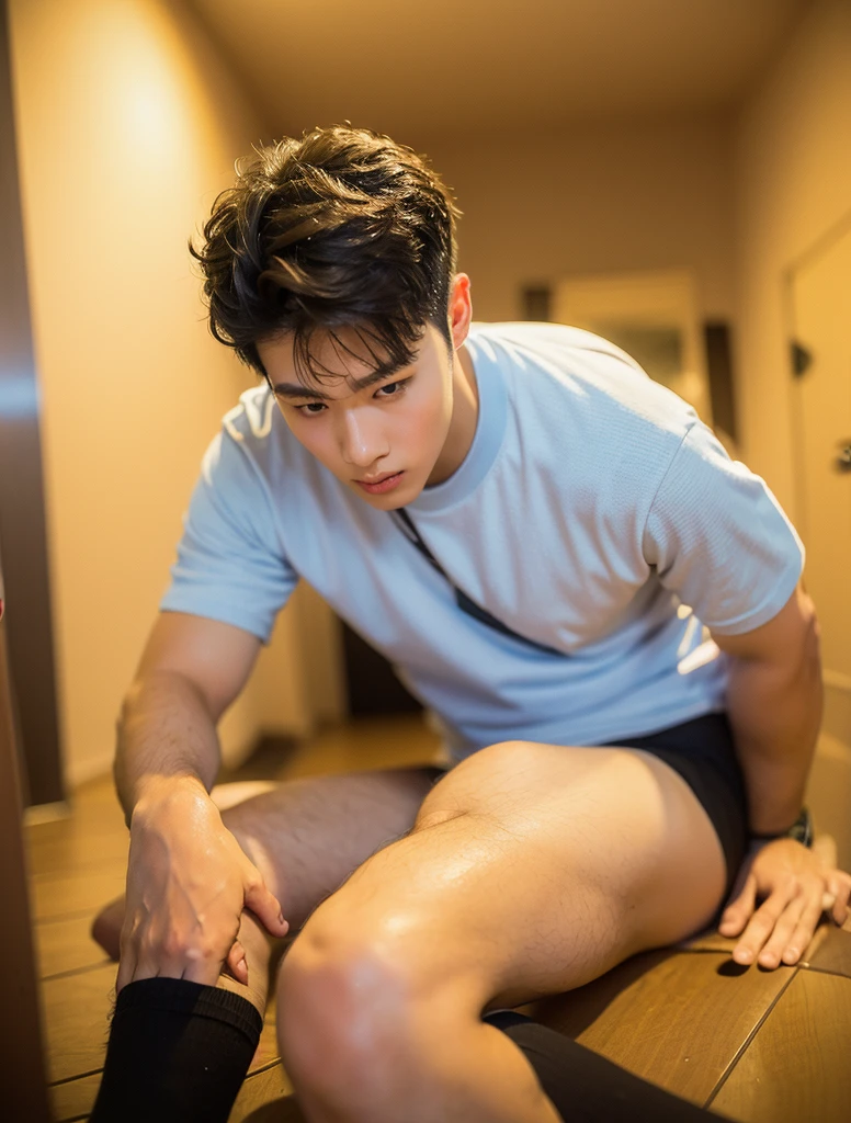 Libido boy，Tong，large pecs，Big bag，Wear white basketball socks，Half recumbent，CG sense，POV perspective，spread their legs，Dark atmosphere，8K,Cinematic lighting effects，Textured skin，best qualtiy，Storytelling images，Storytelling images，dynamic blur，actionpose，army boots , wet , very wet , nasty , see through, sexy , idol , eroticism , swing