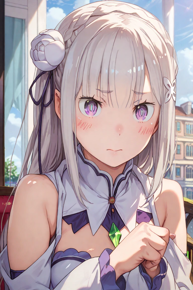 1girl, solo, masterpiece, best quality,
sweat, re:zero kara hajimeru isekai seikatsu, emilia, emilia (re:zero), purple eyes, grey hair, white hair, long hair, braid, crown braid, blunt bangs, sidelocks, hair ornament, x hair ornament, hair flower, hair ribbon, purple ribbon, pointy ears, elf, , collarbone, bare arms, medium breasts, buruma, bare legs, in a vibrant red mini dress with a sweetheart neckline and ruched bodice, She is accessorized with layered pearl necklaces and bracelets, creating a stylish yet casual vibe. The image has a soft, warm lighting and the background features neutral-toned decor elements, drawing the focus to the model's captivating presence,
cowboy shot, twisted torso, looking back,
blush, smile,
outdoors