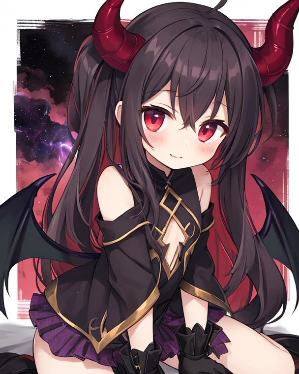 by aaron horkey, 1girl, solo,vampire girl, fangs, grin, red eyes, bright colors, anime illustration, key visual, thick linework, portrait, looking at viewer,moonlit night,cleavage cutout, demon girl, vampire fang,