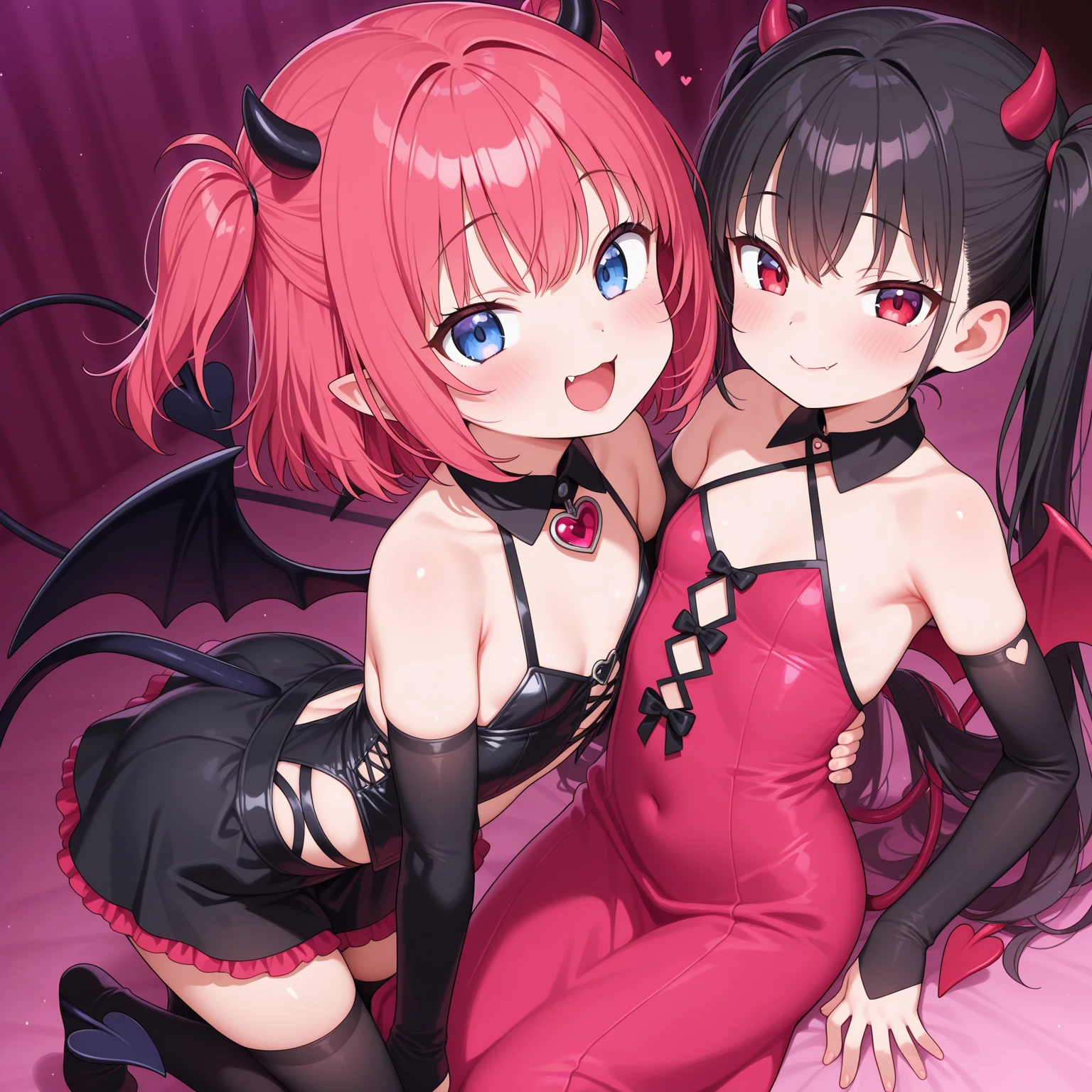 8K,  femboy and girl, petit, teen, kawaii vampire, crimson hair, short hair, red eyes, bat wings, smile, (blush), (shy), pointed ears, looking at viewer,  dynamic angle, wind, game cg, fantastic scenery, demon tail, thin tail, black horns, medium ??????, latex, kissing, ????, dating, dungeons, summon, magic, bulge, show ???