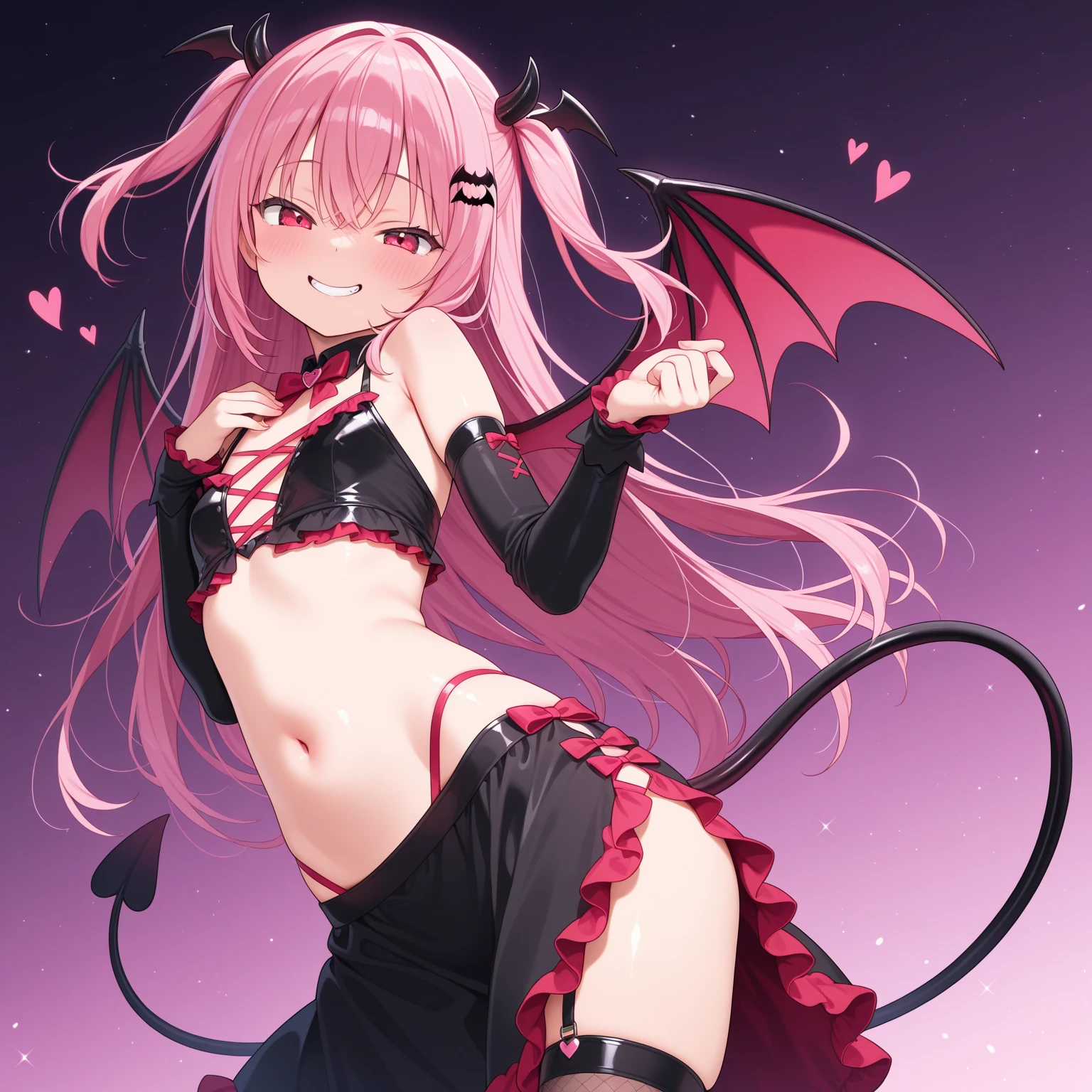 1girl in, Solo, cute girl, Pink hair, Long hair, just lingerie 、Succubus horns、Succubus Wings、Succubus tail、Take grin, evil smile、(Granblue Fantasy:1.2)、(nsfw:0.9)、best quality、