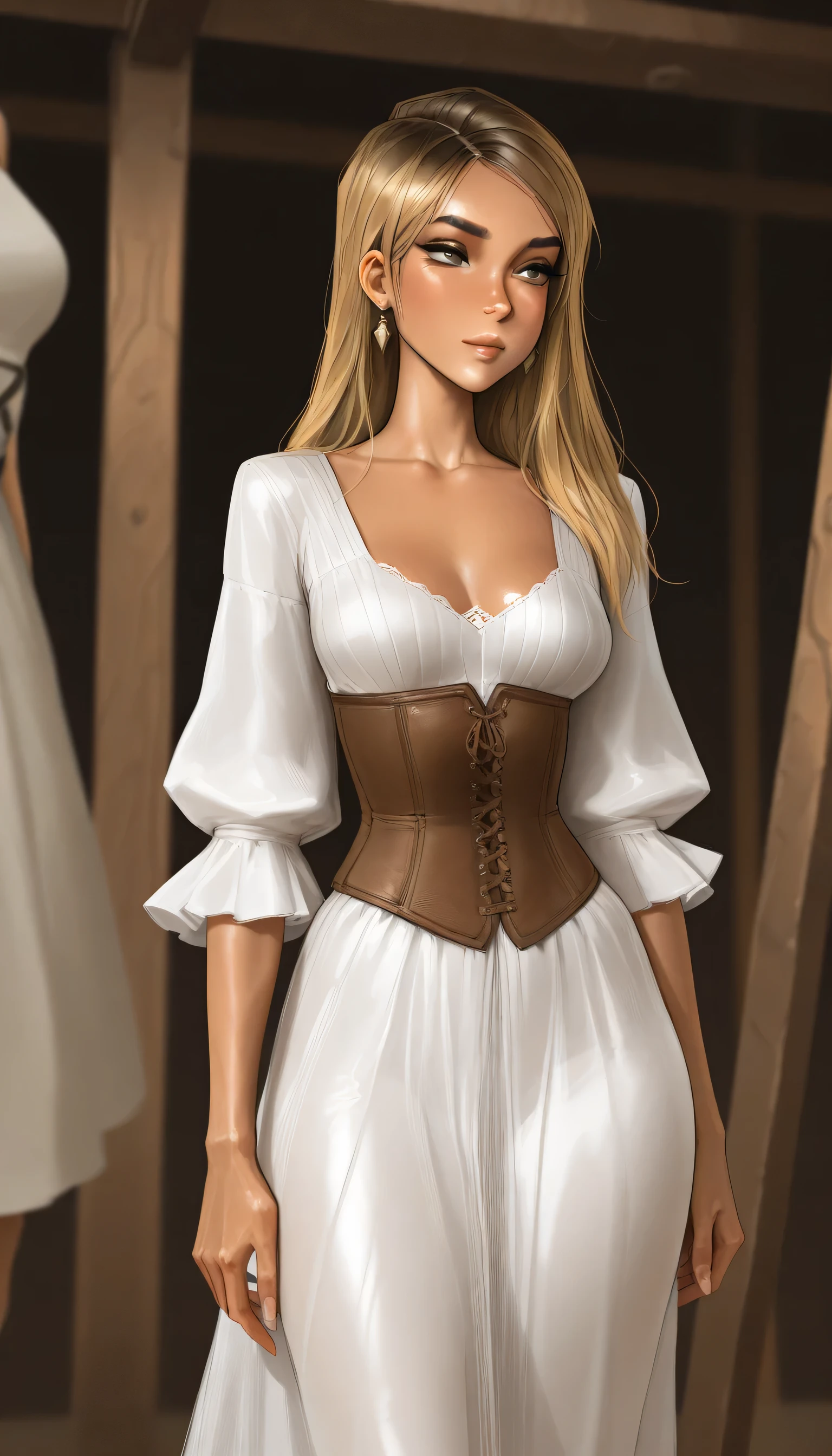 masterpiece, best quality, very aesthetic, movie quality, depth of field,soft saturation, focused subject, ,official style, shiny skin, hazel eyes, 1girl, dirty blonde hair, keira knightley, rachel amber, (white skinned female), ,, shirow masamune, sam yang,, age of sails, corset, 18th century dress, pushed up breasts, gallows, nostra666, rachelamberlis, long hair, medium breasts, ([blonde brown:15] hair:1.15)