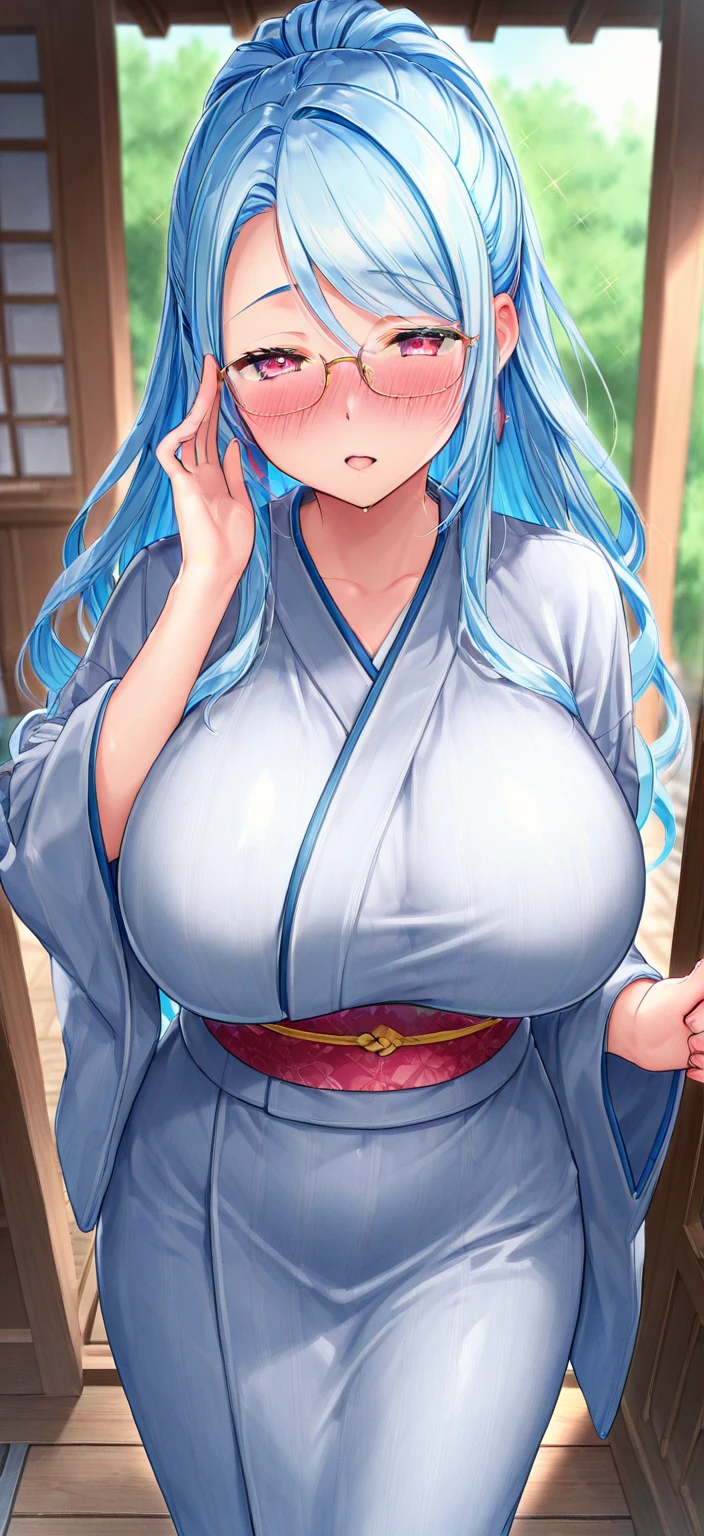 hatunemiku VOCALOID, ponytail, light blue eyes, light blue hair, big breasts, kimono, bedroom,