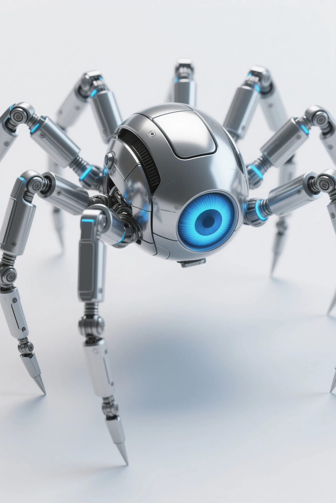 masterpiece, ultra highres, best quality, 3d digital art render, robotic spider construct, single large cyan blue glowing eye lens centered on spherical head, eight articulated mechanical legs with multiple joints, sleek chrome-metallic body, modern robotics design, segmented spider leg mechanics with visible hydraulics, compact spherical main body housing with subtle panel lines, precision engineered leg movements, each leg ending in sharp pointed tip, symmetrical leg positioning in spider stance, professional 3d modeling, polished metal surface with subtle weathering, ambient occlusion, ray tracing, clean studio lighting setup, unreal engine 5 render, sharp focus, full body shot against pure white background, modern tech aesthetic, cyan accent lights from eye lens, metallic reflections, slight shadows under legs for depth, mechanical details visible in leg joints