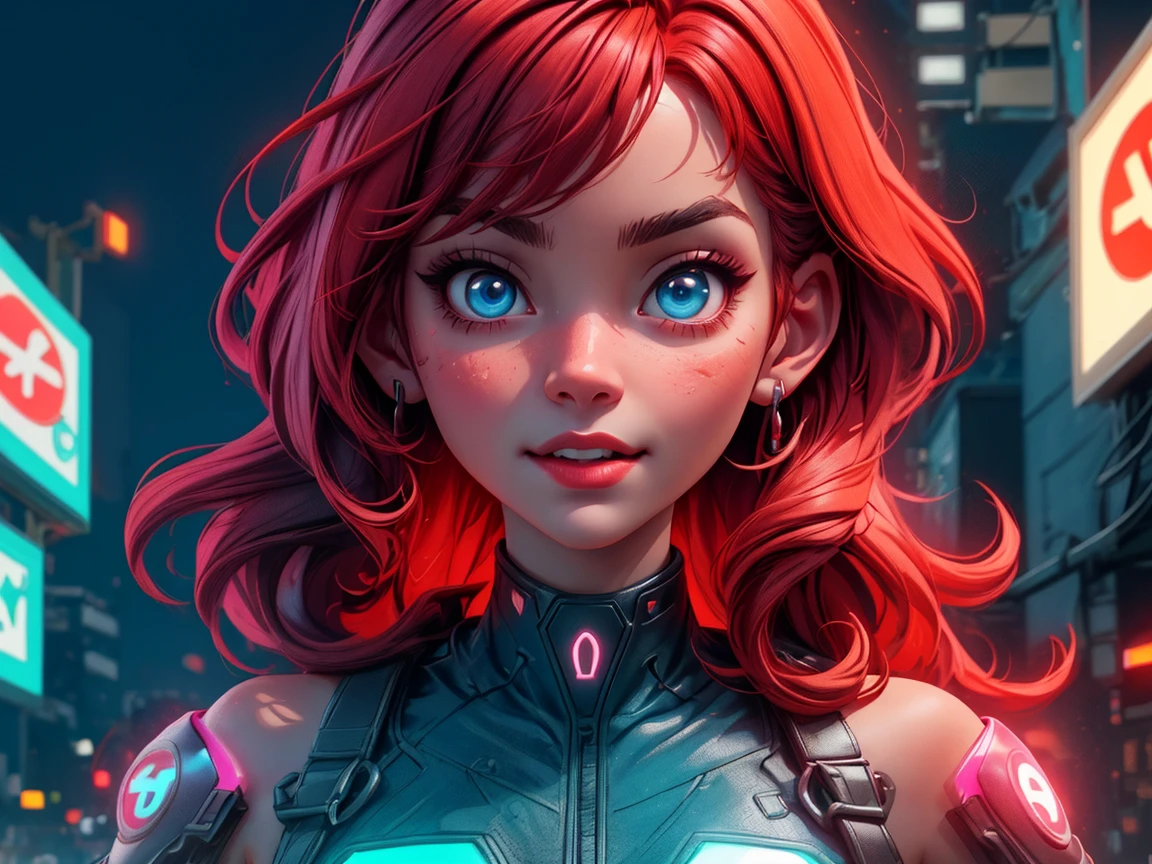 A woman who is half-robot, with striking orange hair and vivid green eyes, listening to music through headphones. She stands in a futuristic setting with neon lighting that highlights the metallic elements of her robotic features. Her headphones are sleek and modern, fitting comfortably over her ears, and she seems lost in the music. The scene captures the blend of human and machine, with her vibrant hair and expressive eyes contrasting against the cold, metallic parts of her body on eye level, scenic, masterpiece.