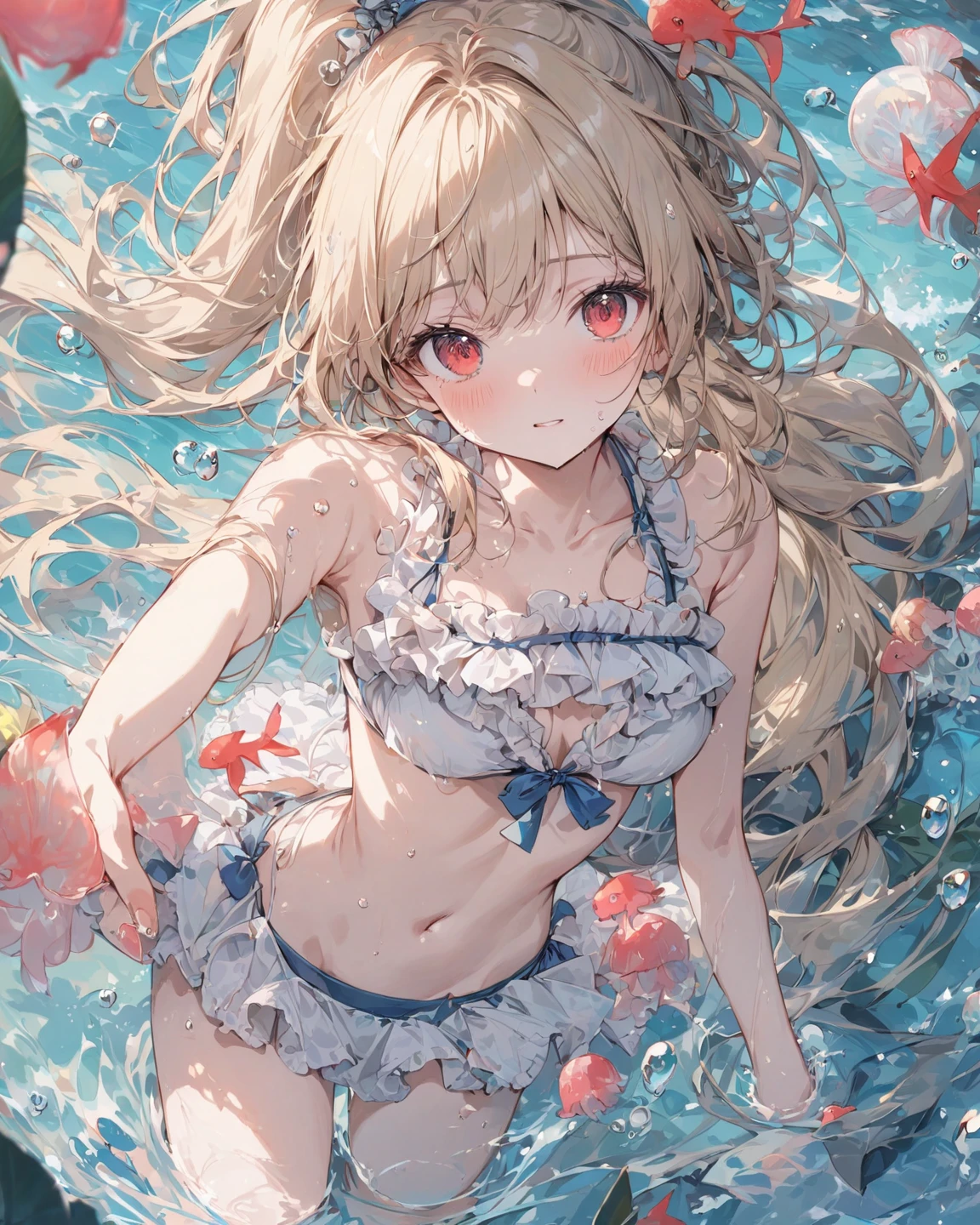 masterpiece, best quality, extremely detailed,1 girl, (7 years old, ), blond hair ((natural curly hair, side parted, long hair, dark red Colored Alice band ribbon)), blue eyes, smile, forest,snow,in spa,hot spring,only towel,open arms,wet skin,bare towel,