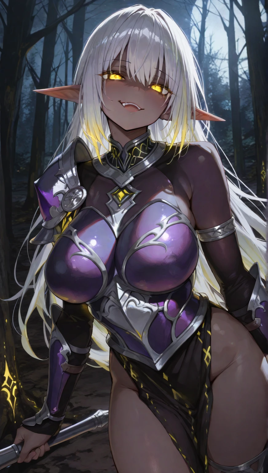 masterpiece, detailed, high quality, absurdres, nightelf, 1girl, solo, purple hair, white eyes, blue skin, glowing eyes, (no pupils), facial mark, armor, strapless, bra, pelvic curtain, hair ornament, forest, night, night sky, fireflies, cowboy shot,