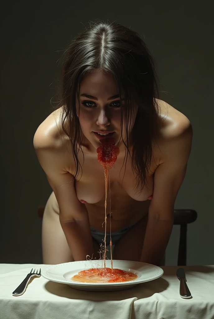 Young, little zombie redhead girlkid, smiling, decrepit, messy, dirty, lactating sauce blood from pussy, red vaginal fluid, lots