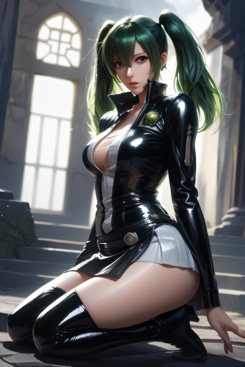 From below,Woman in dark green tight latex clothing,by myself,stand up,Raised hand,((huge breasts cleavage)),Huge breasts,(Surreal Breasts )((Very ample breasts)),((Extra Large)),Big breasts and small waist,(((Very large breasts))),Worried look,Attractions
