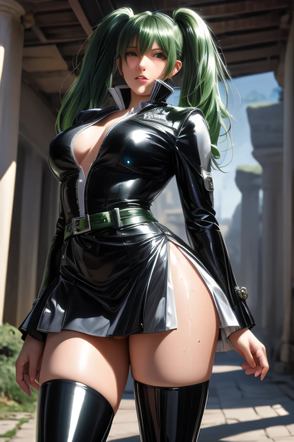 photorealistic, high resolution, soft light,1women, solo, hips up, (detailed face),tattoo, jewelry, yorha no. 2 type b, black dress, black hairband, boots, dress, feather-trimmed sleeves, feather trim, gloves, grass, hairband, high heel boots, high heels, highres, juliet sleeves, leather, leather boots, long sleeves, nier \(series\), nier automata, outdoor, thigh boots, thighhighs, thighhighs under boots