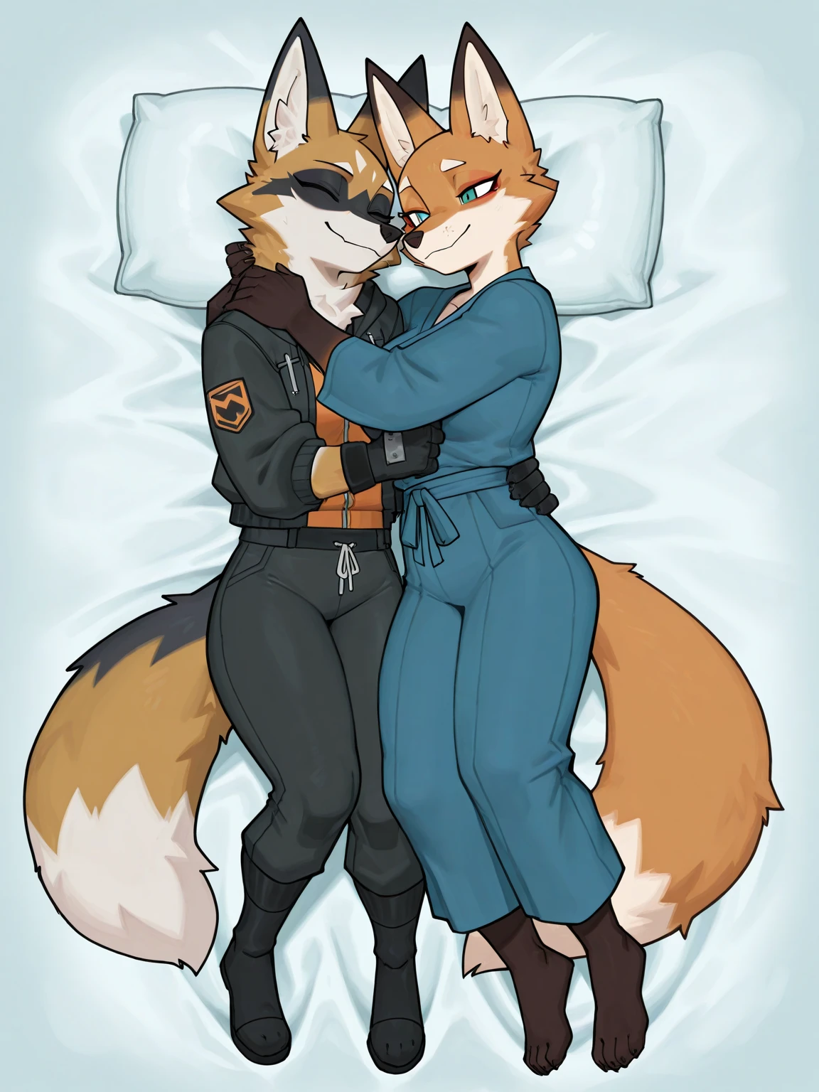 boy and girl, squirrel, furry, bodyfur, tail, collar, bra, bottomless, gloves, boots, chibi, sparkling eyes, idol, hair bow, happy, full body, penis, testicles, some perfect pussy, lying, bed, hug