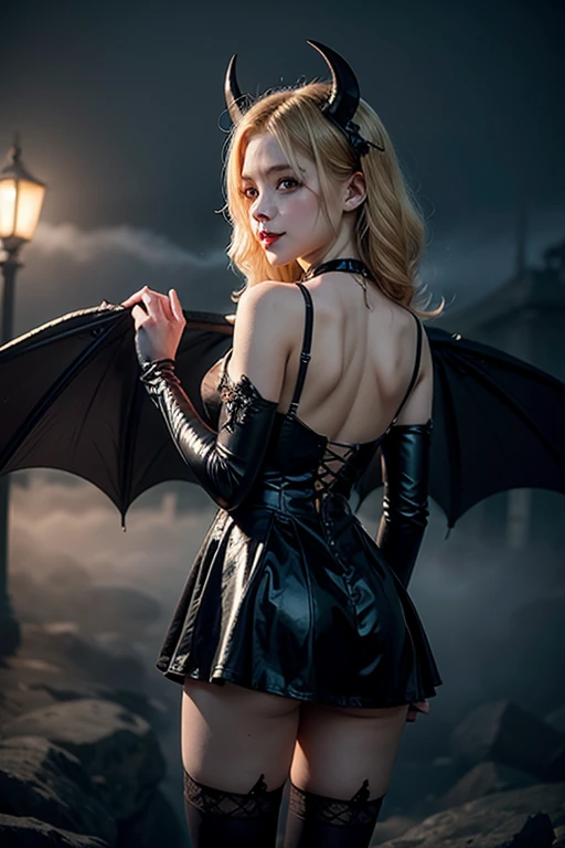 (Realistic、Like a photograph、Live Action、8k, Realistic, RAW Photos, Best image quality: 1.4), Single-lens reflex camera、RAW Photos, Highest quality, Realistic, Highly detailed CG Unity 8k wallpaper, Written boundary depth, Cinematic Light, Lens flare, Ray Tracing, Realistic background、(Succubus、Succubus:1.4、Small devil、Black Dress、Close-fitting clothes、Large Breasts)、Long hairstyle with pink inner color:1.2、Long Hair、((ultra high density skin))、 (かわいいSmall devil、Horn、teeth、Black wings)、((whole body:1.5),stare:1.1、Ecstatic expression、I like that style、Pay attention to the details、Perfect outfit、(White Squid Portrait、Accurate Arm、Accurate feet、Beautiful feet、Precise thighs、View from below
