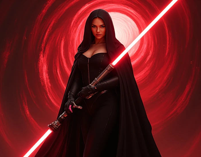 [ (dark art by Bastien Lecouffe-Deharme:0.8) | (Johannes Vermeer:0.8) ], Rule of Thirds, thick Female Sith lord, the Sith lord is Vibrant, Cosmic rays background, Fantasy, Dark hue, adobe lightroom