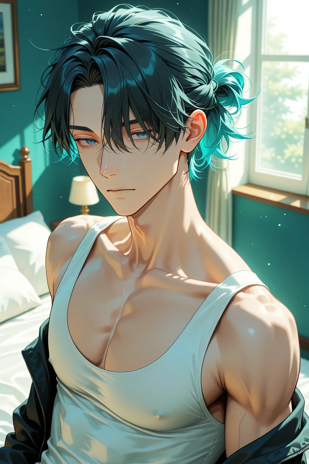 cabello color verde, 15-year-old boy crying sadly looking out a window, esta de pie cuerpo entero