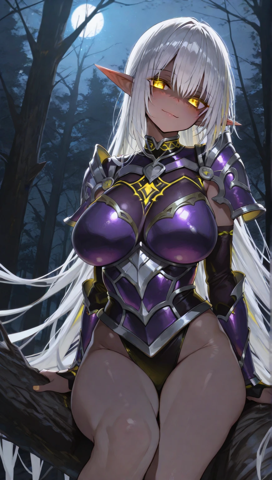 anime art style, 2d, masterpiece, best quality, very aesthetic, absurdres, dynamic shadows, atmosferic, vladilena, (1girl), silver hair, long hair, streaked hair, red streak, (silver eyes), narrowed eyes, detailed eyes, ahoge, hair between eyes, bangs, big breasts, makeup, ((curvy body)), sexy, cleavage, cic4d4 bodysuit, angry, ((cowboy shot)), standing on one leg, from front, grass, (night), (sky), (clouds), (forest), looking at viewer