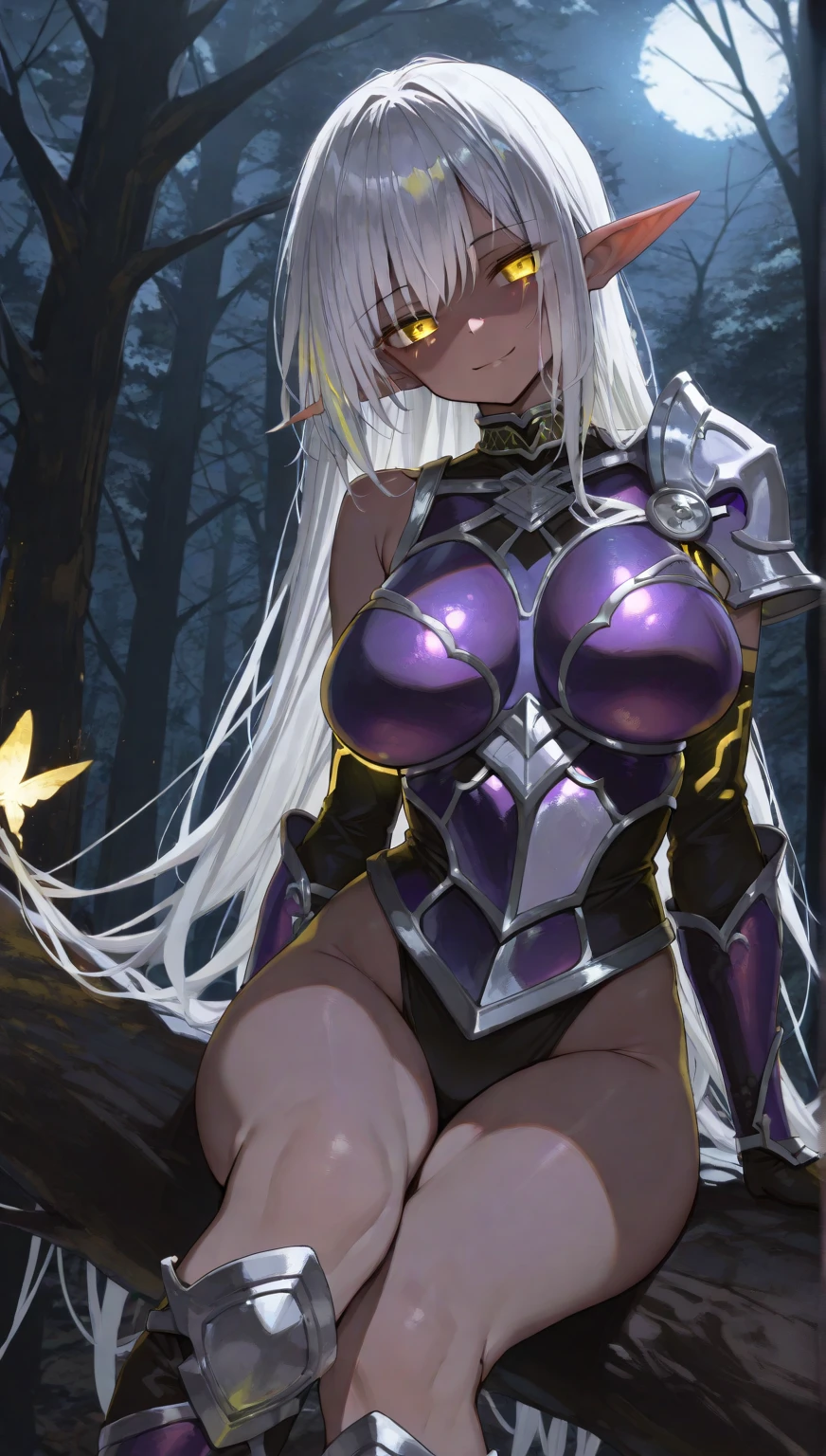 (anime style),masterpiece, best quality, extremely detailed,18Years old,tanned skin,dark skin, Beautiful body,rarge breasts press,BREAK,multicolored colorful white hair,shaggy hair,very short hair,BREAK,black eyes,black choker,dignified face,disgust,angry face,open mouth,detailed lips,,BREAK,with vertical stripes sweater,ripped Princess knight light armor,break,head tilt,in the woods,hands on legs,wariza,