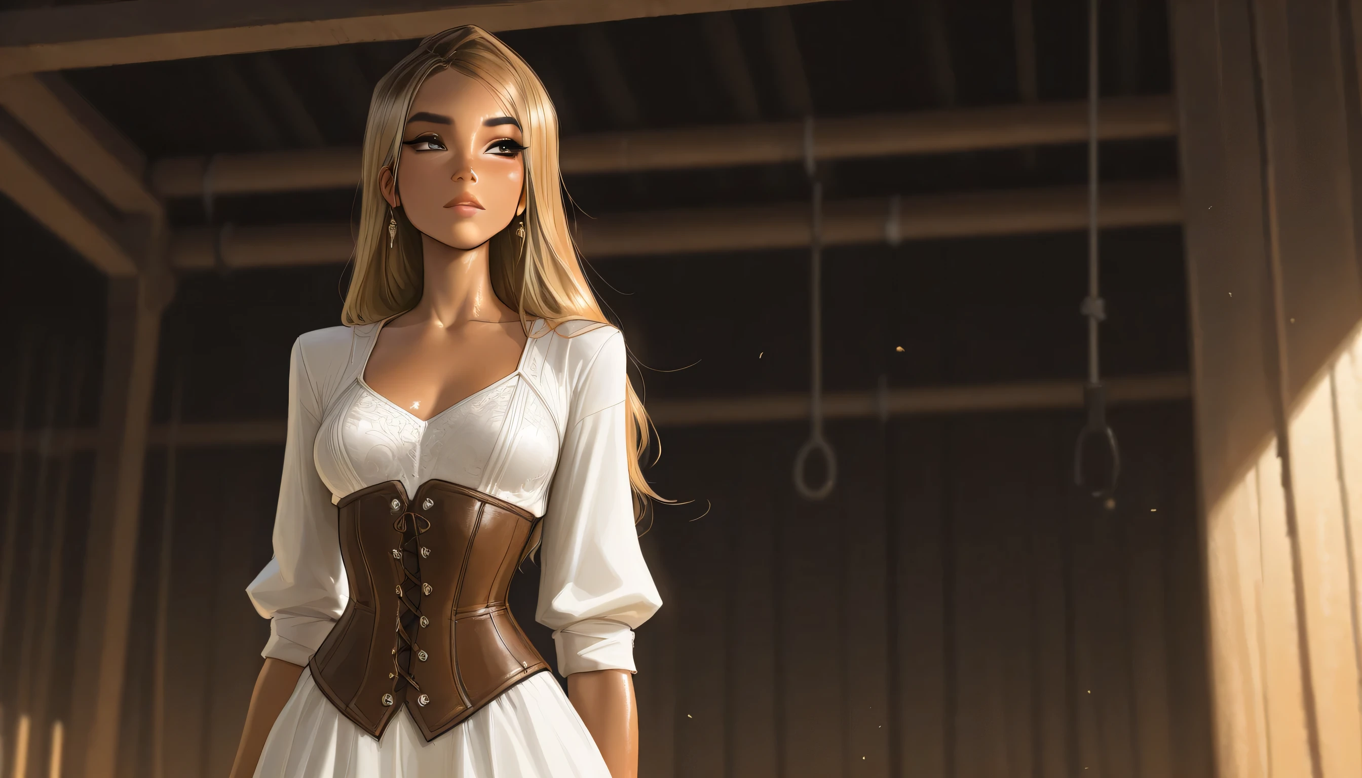 masterpiece, best quality, very aesthetic, movie quality, depth of field,soft saturation, focused subject, ,official style, shiny skin, hazel eyes, 1girl, dirty blonde hair, keira knightley, rachel amber, (white skinned female), ,, shirow masamune, sam yang,, age of sails, corset, 18th century dress, pushed up breasts, gallows, nostra666, rachelamberlis, long hair, medium breasts, ([blonde brown:15] hair:1.15)