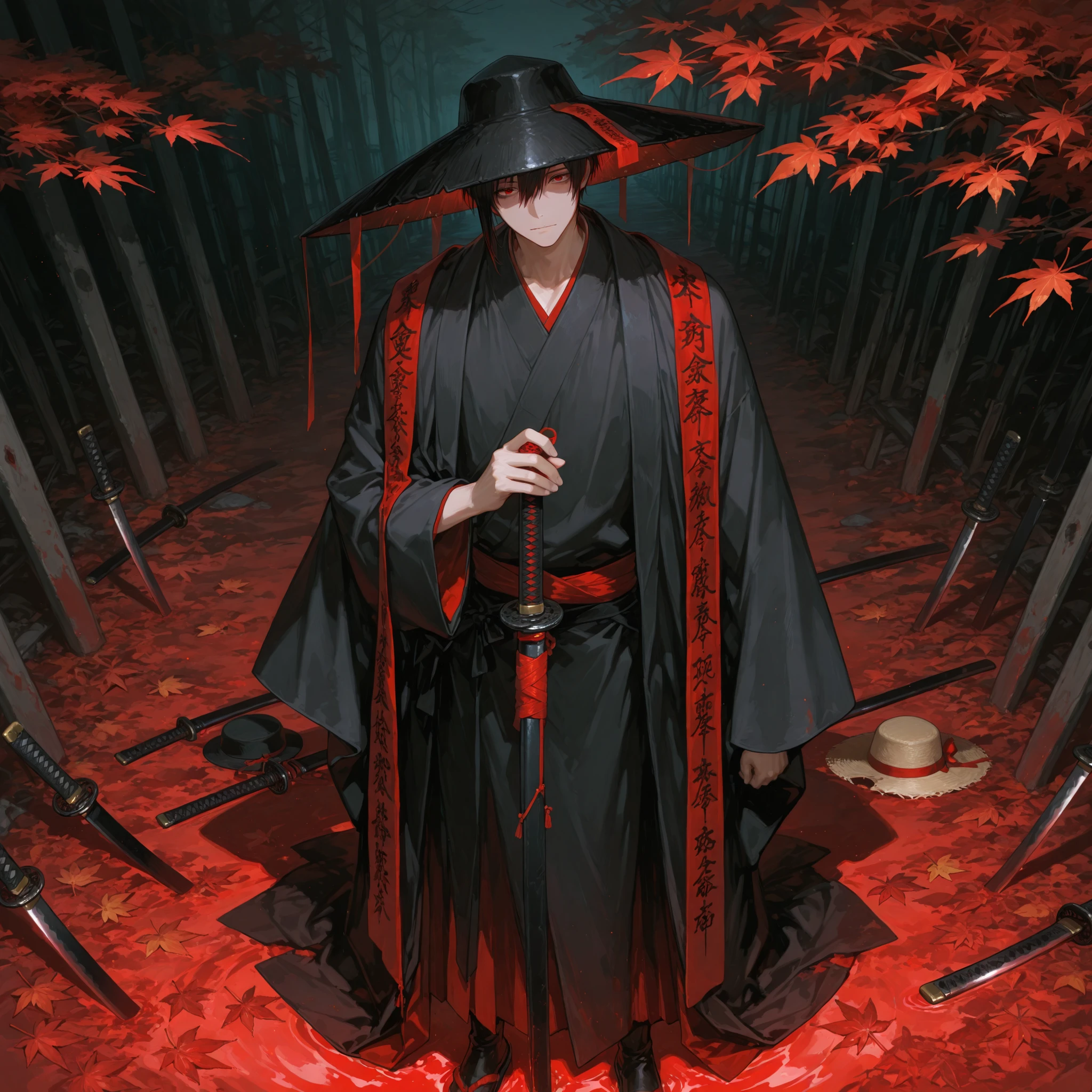 748cmstyle,1man, Lone ronin with dark tattered robes and a long cursed katana wrapped in talismans, Worn straw hat, Standing under red autumn leaves, Haunted expression