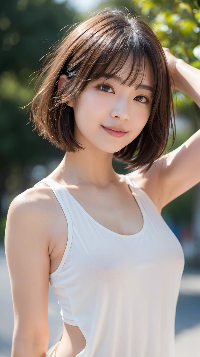 cute 21 year old japanese、
super detail face、pay attention to details、double eyelid、beautiful thin nose、sharp focus:1.2、Beautiful woman:1.4、(light brown hair,short hair、),pure white skin、highest quality、masterpiece、ultra high resolution、(Photoreal:1.4)、Highly detailed and professional lighting、nice smile、Summer mountain climbing scenery、Please generate an image that shows the whole body of a Japanese woman wearing a tank top.。The woman has a lively and cheerful expression.、Enjoying mountain climbing in refreshing scenery。blue all around々tree々and beautiful mountains々Create a landscape where、Please describe the cute design and color of the women&#39;s tank top.