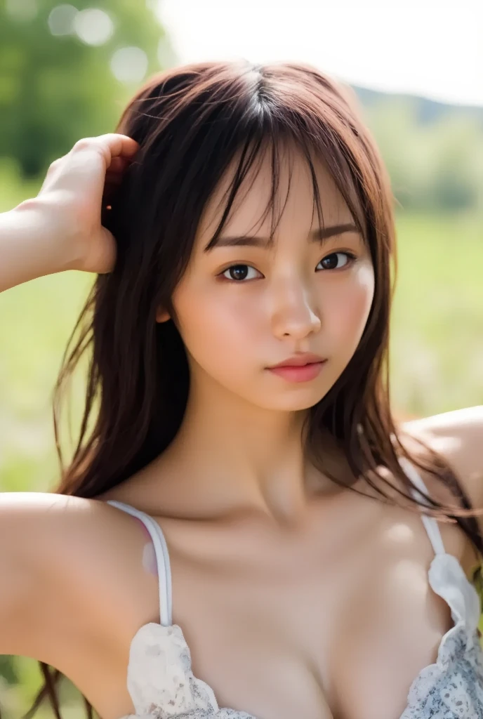 masterpiece, best quality, ultra-detailed, extremely detailed, 4K, 8K, best quality, beautiful, a pretty girl, asian girl, baby face, solo, beautiful light brown hair, beautiful brown eyes, drooping eyes, beautiful eyes, long hair, large breast, tennis uniform, bokeh feeling, almost showing nipple, panty shot, wind effect, the look waiting for a kiss,