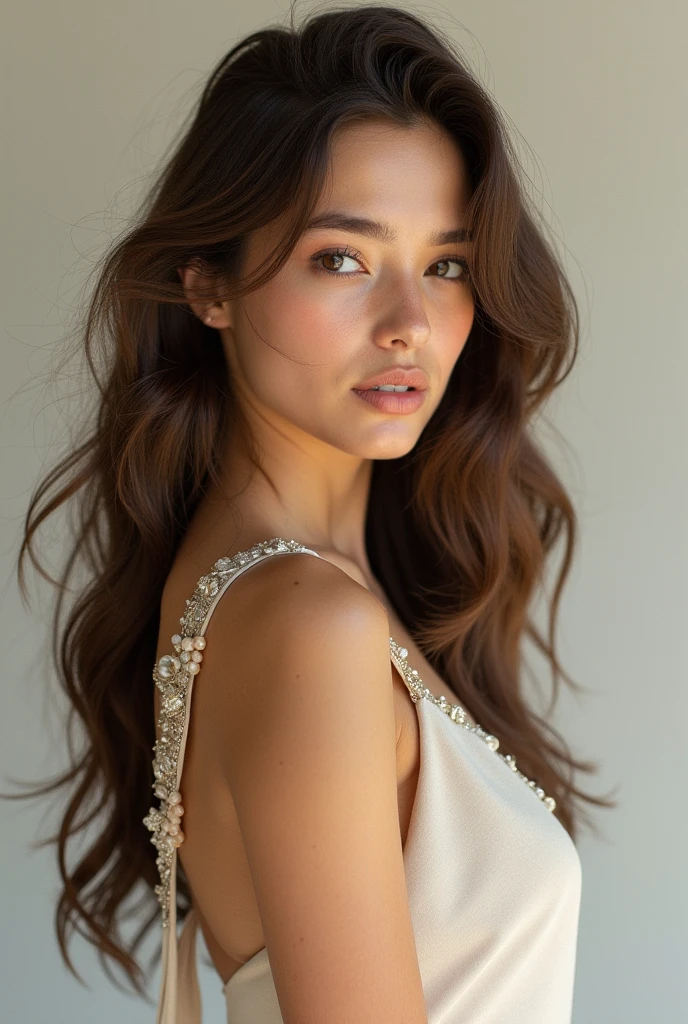 - **Appearance:**  (approximately 160-165 cm), slender but curvy.
- **Face:** Soft, round features, small nose, full lips.
- **Eyes:** Big brown eyes with a doe-eyed look.
- **Hair:** Long, curly brunette hair with lots of volume.
- **Skin:** Fair skin with a rosy undertone.
- **Clothing:** Cute sundress or playful romper.
- **Accessories:** Headband and a delicate bracelet.
