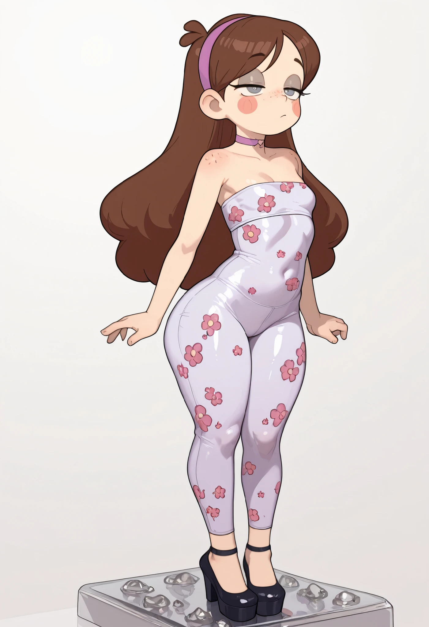 Mabel Pines, blush stickers, brown hair. black eyes. half-closed eyes, small breasts, huge hips. long eyelashes, choker. | score_9, score_8_up, score_7_up, faux figurine, nendoroid, full body, figure, platform, solo, Anime, 1girl, masterpiece, best quality, high quality, high resolution, highres.|| masterpiece, best quality, amazing quality, very aesthetic, perfect eyes,((r17329_illu)),gotic, gr4ph1t3, , Fr3ckles, ginger hair, grey eyes, freckles, 1girl, b0h0y0g4, flared yoga pants, floral print, full body, tube top, white background,,A digital illustration showing a young woman in a strapless dress and colored pants, with a plain gray background. She stands with light skin, long wavy red hair, blue eyes, and a neutral expression. Her body is slim, and she wears black high heels.