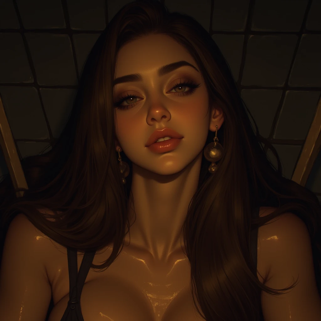 ((masterpiece)), ((very realistic)), Beautiful face of a girl with big eyes, full lips, long eyelashes, bare breasts, In a sensuous pose, very detailed, (realistic atmosphere), very detailed 얼굴, intricate details, vivid colors, dramatic lighting, cinematic composition, Anime-inspired art style, fascinating face, voluptuous body, big tits, Facial expression of orgasm during sex, sweaty body, hot body, Slender legs,
