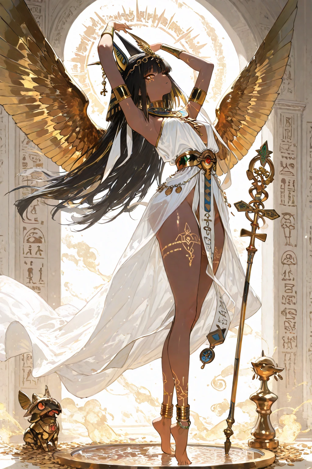 a beautiful egyptian goddess bastet, cat goddess, woman with cat ears and tail, detailed face and expression, elegant intricate headdress, long flowing hair, shimmering golden ornaments, intricate ancient egyptian jewelry, graceful posture, detailed feathered wings, glowing divine aura, hyper detailed, cinematic lighting, masterpiece, photorealistic, 8k, dramatic lighting