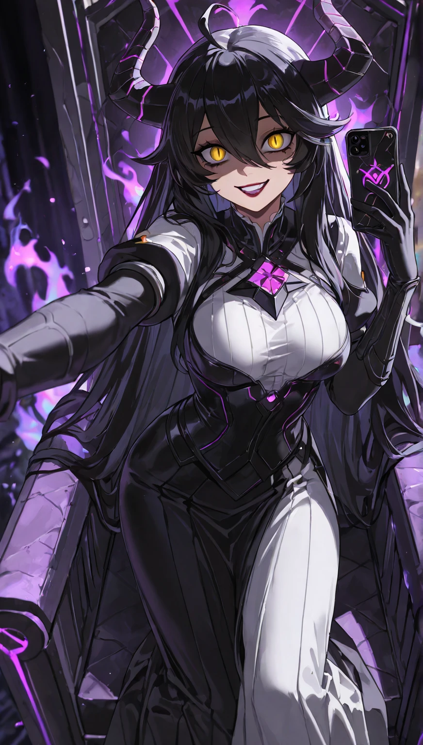manhattancafe, ahoge, horse tail, bang between eyes, black jacket, shirt, necktie, black gloves, skirt, pantyhose, single earring, yellow eyes, 1girl,standing, corruption,wide hip, purple theme, sexy, corruption bodysuit, see-through leotard, glowing red lines, many red lines , look up, evil theme, dark magical girl, corruption, bare shoulder puffy , glowing belly tattoo, living clothes, sadistic smile, long boots,reflecting, evil grin, bodytights, wet shiny skin, extremely detailed, look at viewer, head_rest, head tilt,curvy, purple gloves, sticky, red gemstones, latex bondange, perspective, shiny reflecting metal latex stocking score_9, score_8_up, score_7_up,