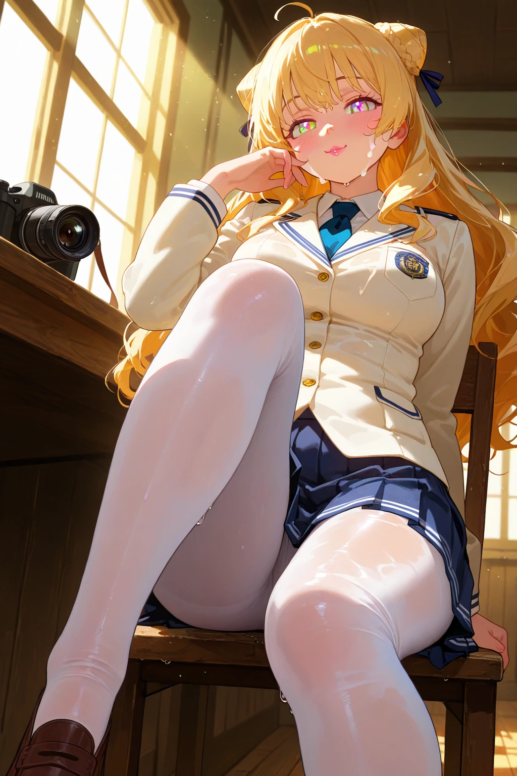 ((highest quality)), NSFW,kneeling,legs spread,tanned skin,school swimsuit,in the classroom, from below,
glare