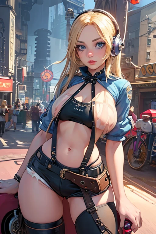 (photorealistic:1.8, highest quality:1.8,8K masterpiece:1.8,High resolution,muste piece:1.8,RAW Photos,cinematic lighting),No split screen, cyber punk、Highway at night、rain-soaked ground、 (1 android girl:1.3)、Completely naked、Full body tattoo、choker、beautiful breasts、T-shirt、denim mini skirt、beautiful butt、beautiful thighs,plump nipples、(Nipples visible through clothing)、cameltoe、 Body painting with a pop design drawn all over the body、pop art design、cutting edge fashion、conceptual art、Drive a motorcycle、 (Beautifully shining vermilion, blue, white and golden hair:1.5)、shining blue eyes、Shy Smile