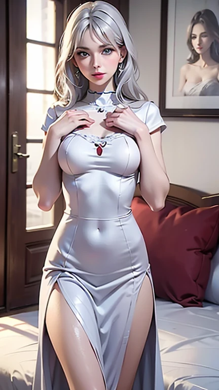 Gentle expression, Lying down, long hair、Silver Hair, (8k, RAW Photos, Realistic:1.25) ,( Lip gloss, eyelash, Glossy face, Shiny skin, highest quality, Ultra-high resolution , Depth of written boundary, chromatic aberration, Caustics, Wide Light, Natural Shadows, K-Pop Idols) She gazes at the viewer with a look of serenity and goddess-like bliss., whole body, Big Breasts, White underwear, Black Stockings, See-through shirt, White shirt, secretary、White woman