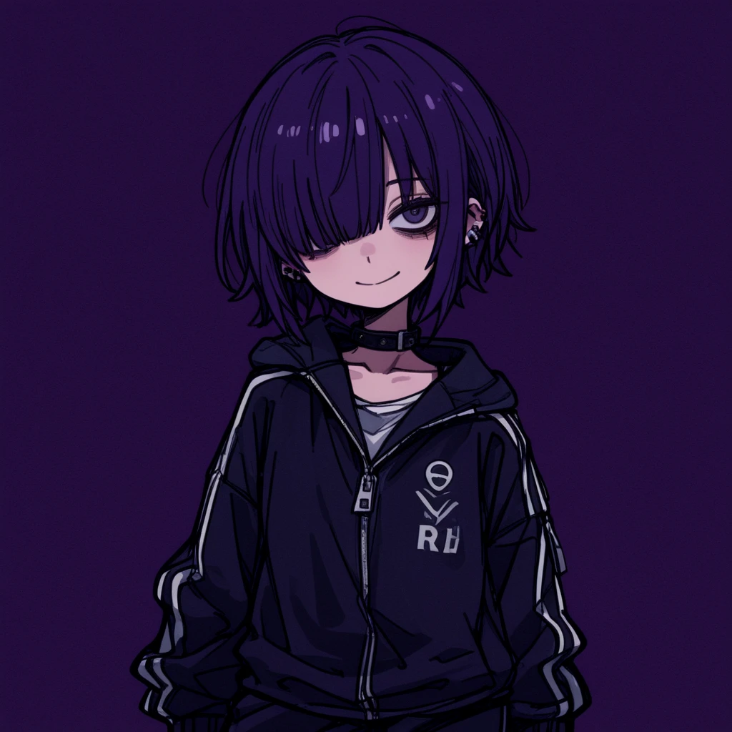 (Robot) Murder Drones. Drones have two bright eyes on their black visor that emotes. Under some circumstances, their eyes can be overridden by an error, status warning, or system message. Robot Uzi takes on the appearance of a short Worker Drone with neon purple and magenta eyes and short, white skin, dull purple hair. She wears a black striped beanie with a glittery bobble at the tip, and black boots with long, dark purple striped socks. She also wears a black hoodie with a white emblem on the front depicting a battery with two bones going across it, creating an "X" shape. The bottom of the hoodie has two white stripes wrapping around it, and the left sleeve has a white radioactive symbol on it. Beneath her hoodie is a short, frilly, black skirt. She also has a black choker around her neck with a skull and the number "002" on it. She shyly smiles and blushes resting her hand on her chin. 