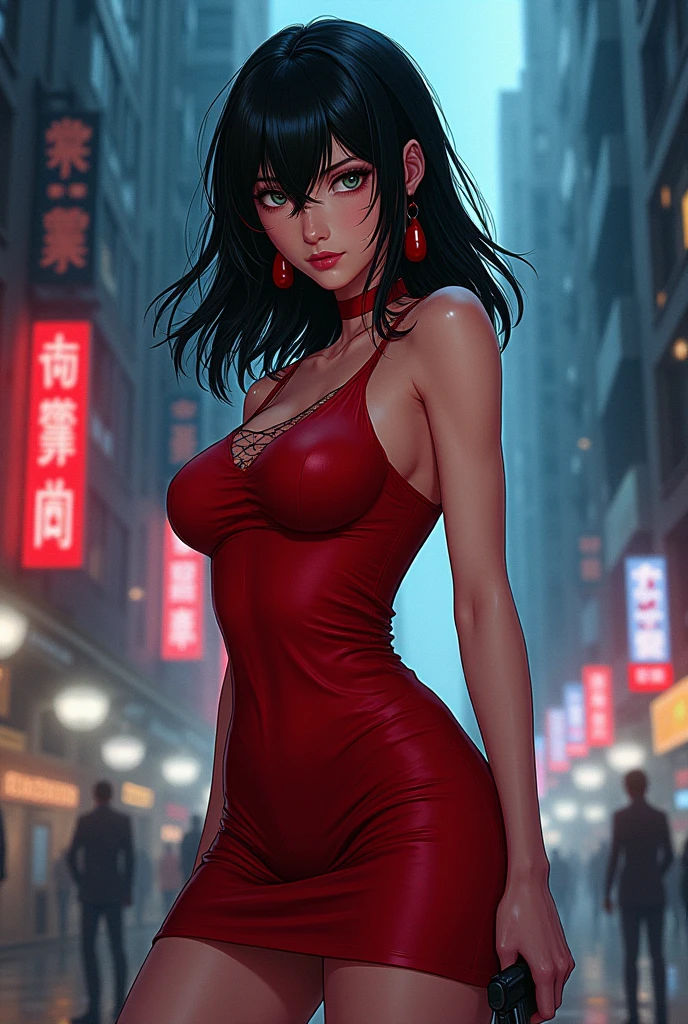 black haired woman in a short red dress, navel, leaning against a balcony railing, overlooking a city