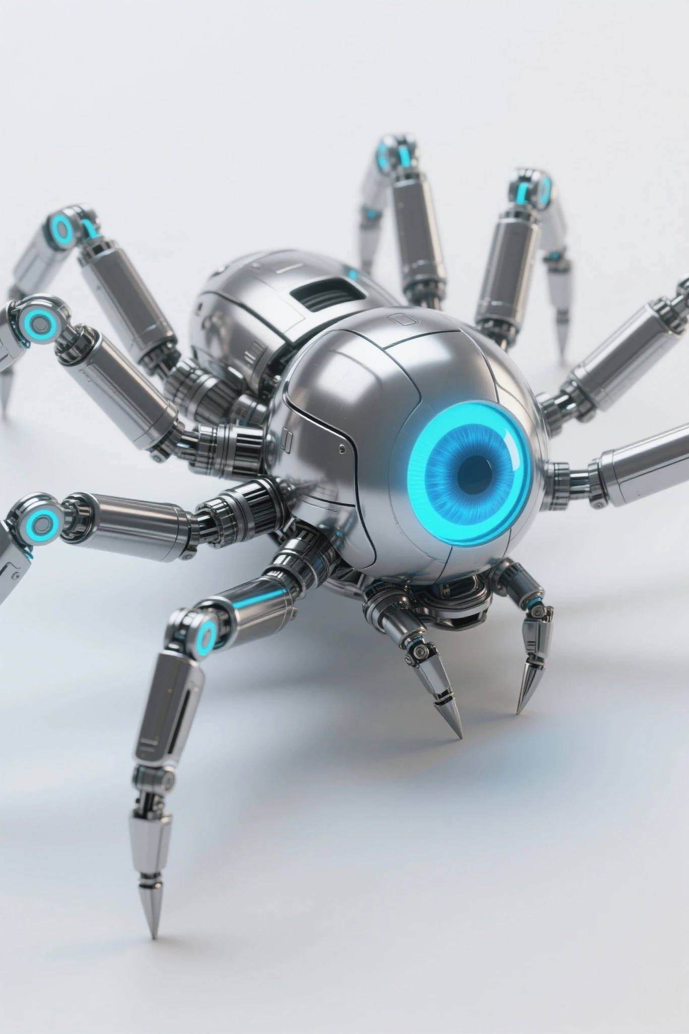 masterpiece, ultra highres, best quality, 3d digital art render, robotic spider construct, single large cyan blue glowing eye lens centered on spherical head, eight articulated mechanical legs with multiple joints, sleek chrome-metallic body, modern robotics design, segmented spider leg mechanics with visible hydraulics, compact spherical main body housing with subtle panel lines, precision engineered leg movements, each leg ending in sharp pointed tip, symmetrical leg positioning in spider stance, professional 3d modeling, polished metal surface with subtle weathering, ambient occlusion, ray tracing, clean studio lighting setup, unreal engine 5 render, sharp focus, full body shot against pure white background, modern tech aesthetic, cyan accent lights from eye lens, metallic reflections, slight shadows under legs for depth, mechanical details visible in leg joints