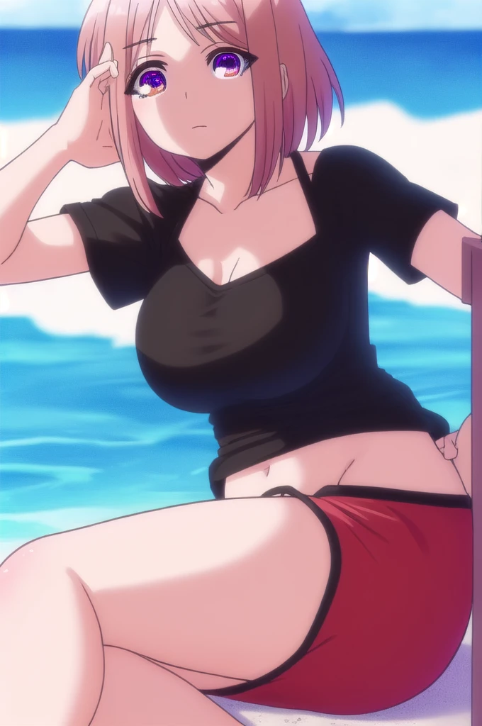 (8K, Super detailed, Highest quality, Anatomically perfect body), (whole body), (Big Tits 1.3), (Blue Eyes:1.5),Shiny skin, 1girl, hair ribbon, short hair、(((Tank top)))、(belly button)、(((Black sp(masterpiece:1.2), sports gym、(Beautiful attention to detail:1.6), Highly detailed face, Beautiful legs 、As if looking up from below、Perfect lighting, Extremely detailed CG, (Perfect hands, Perfect Anatomy)