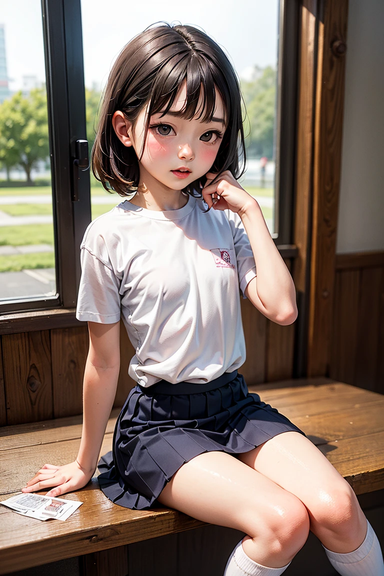 Japan、8 year old girl,innocent face,cute,A  like an elementary school student,very small ultra mini skirt、charming、Panchira、shot from below、cherry hair clip