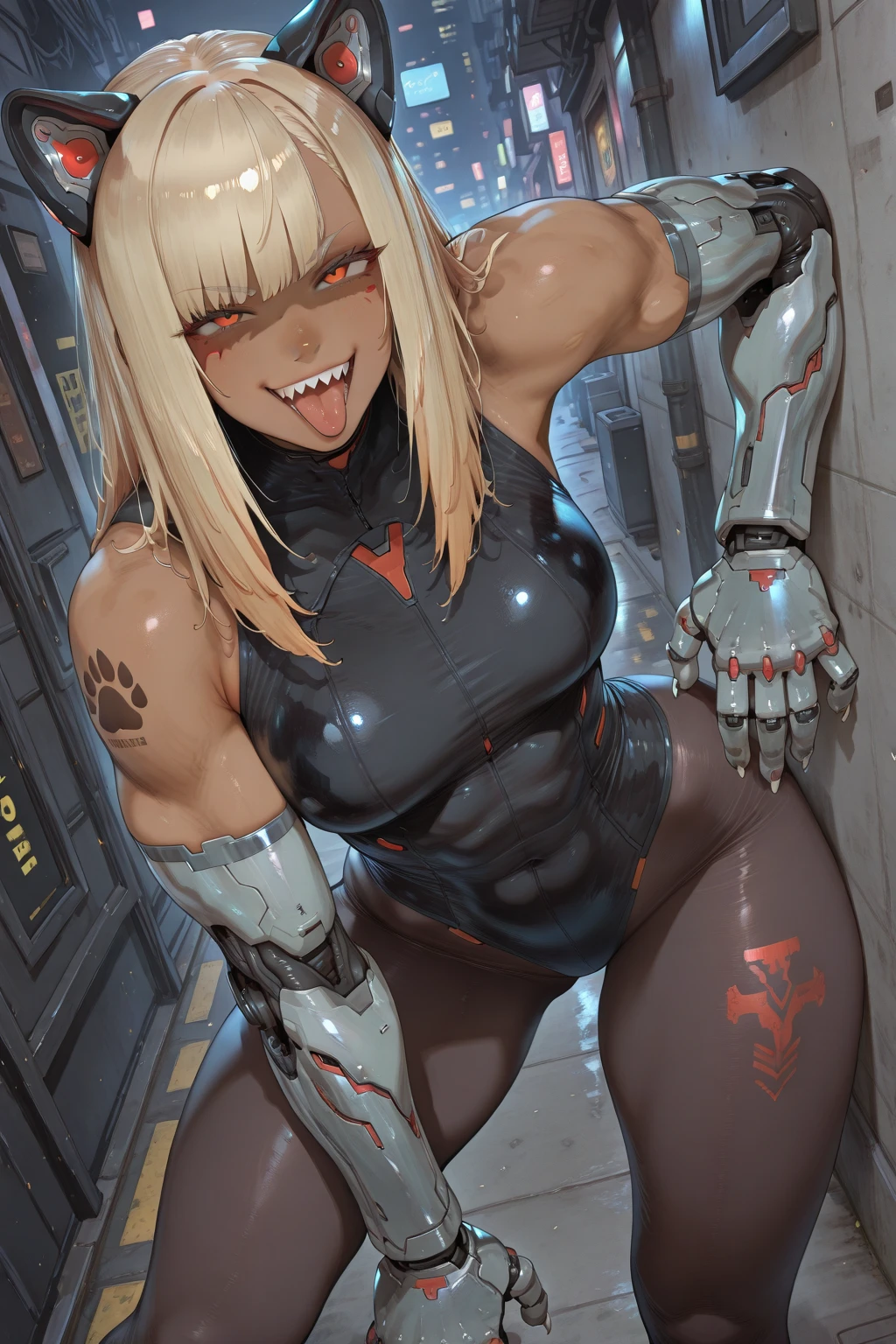 1 girl, beautiful young woman, mature female:1.3, looking at viewer ((masterpiece1:2, best quality1:2, ultra sharp)), NSFW, uncensored,
clementine \(overlord\), garter belt, red eyes, blonde hair, toned, tall female, evil smile, torn clothes, large breasts,
background: street corner, night, red lights,
(corneo_runny_makeup), dark eyeshadow, eyeliner,
(((cross_swimsuit))), spread legs,