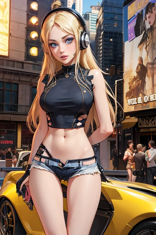 a beautiful medieval nun woman in her bikini, black outfit, in a street bustling with neon signs, cyberpunk aesthetic, long blonde hair, night, curvy, beautiful curves, blade runner aesthetics, tattered outfit, high emphasis on detail, Semi Impasto style, matte paint, atmospheric, bright, dramatic lighting, beautiful eyes, symmetrical eyes, perfect eyes, by Magali Villeneuve