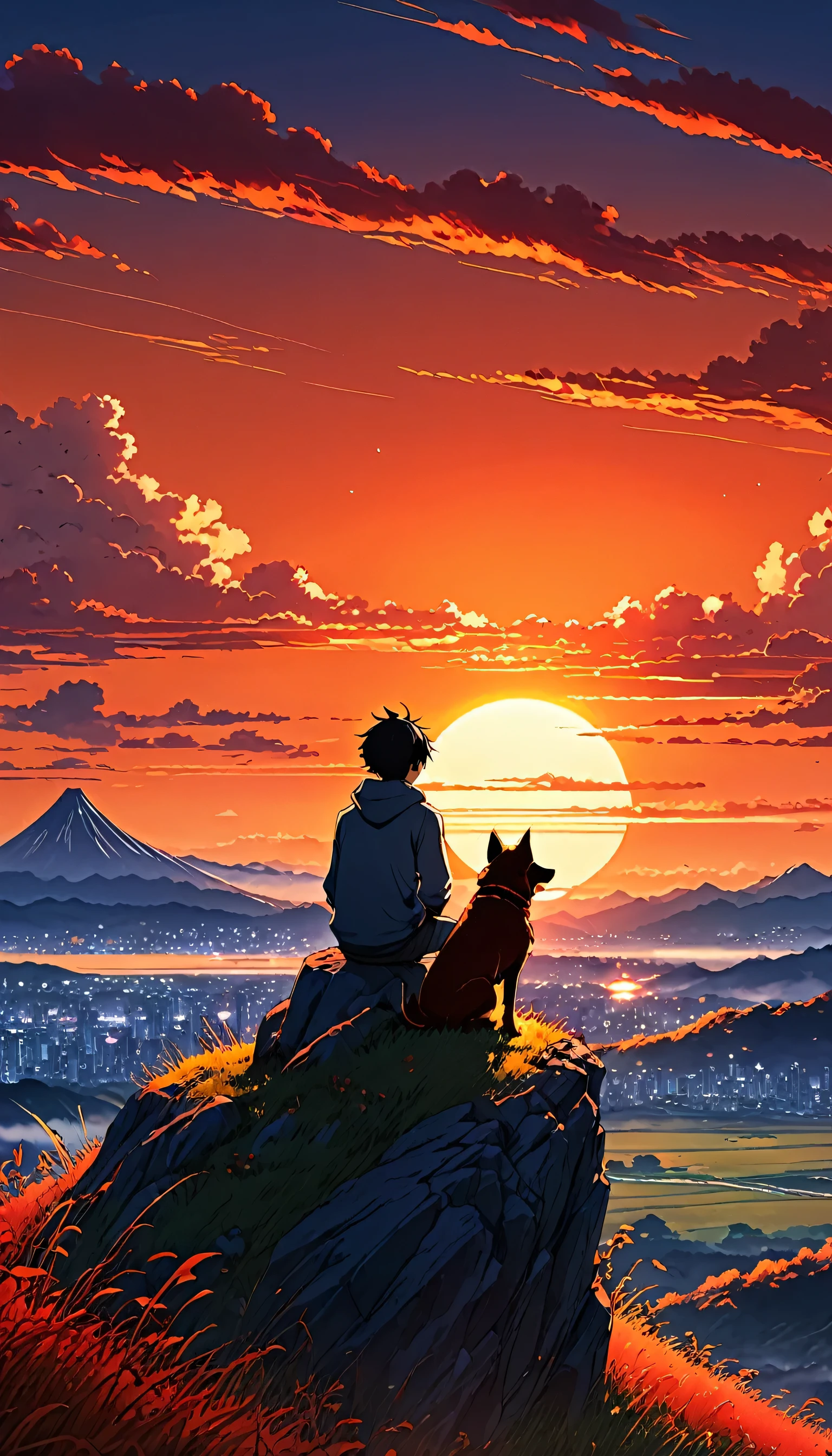 high quality, 8K Ultra HD, great detail, masterpiece, an anime style digital illustration, anime landscape of a young boy with his dog sitting on a high hill looking at a hellish orange and red sunset, anime nature wallpapers with serene sky, beautiful anime scene, beautiful anime peace scene, Makoto Shinkai Cyril Rolando, beautiful anime scene, amazing wallpaper, 8k anime art wallpaper, anime background, artistic anime background, wallpaper 4k anime, 4k anime art wallpaper, 4k anime art wallpaper,