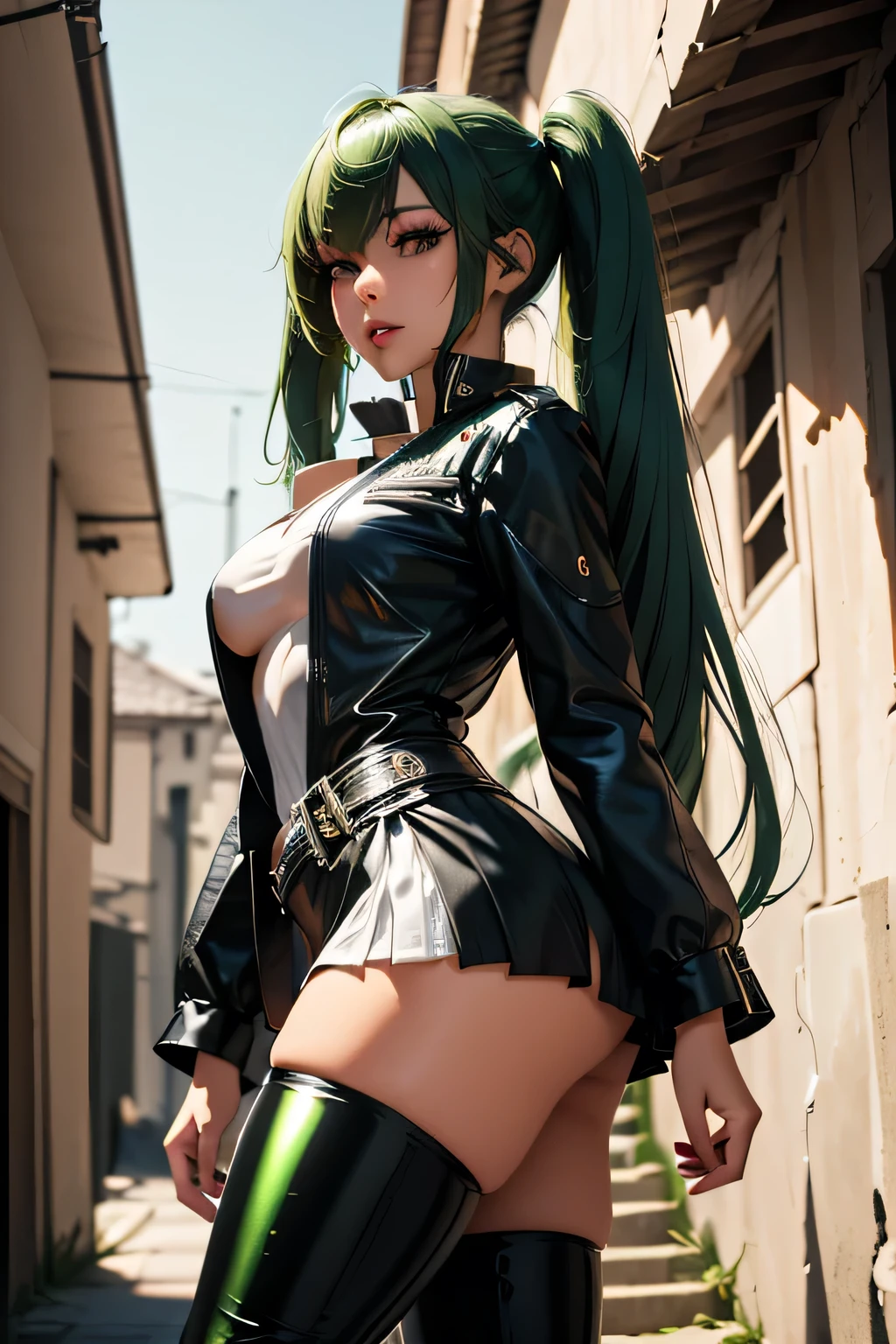 ((1 girl)),(best quality, highres, masterpiece:1.2), ultra-detailed, (realistic:1.37) illustration, ?????? style, soft lighting, sweat glistening on her body, gentle warmth, mysterious, ubel,dark green hair,long hair,side ponytail,hair between eyes,bangs, (beret, black jacket, open clothes, cleavage, midriff, black shorts, black thighhighs, thigh strap, fingerless gloves, single glove:1.2), blurry background, pose, hand on hip, (masterpiece:1.2), best quality, high resolution, unity 8k wallpaper, (illustration:0.8), (beautiful detailed eyes:1.6), extremely detailed face, perfect lighting, extremely detailed CG, (perfect hands, perfect ???????)