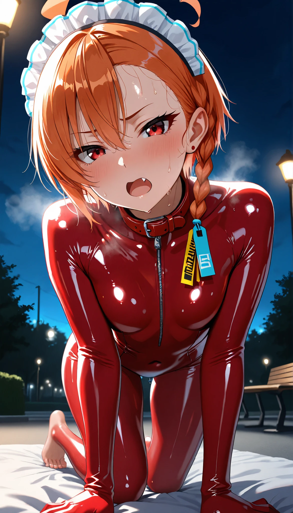 nsfw,(masutepiece), (photo realistic1.4), 超A high resolution, Best Quality, 8K,outdoor,park at night,come before:1.0,BREAK solo, 1girl,solo,20yr old, extremely beautyful girl, Beautiful face, Perfect face, cute symmetrical eyes, 二重まぶた, medium breasts, puffies_Nipples, (perky breast), Narrow waist, (pubic hair dark orange:1.4), Juice dripping, ((Short hair, dark orange hair)), glAsses,No makeup, Sweaty body, Standing, BREAK (Green Tracksuit), open clothes, Nipples, nipple slip, slip, No panties,(embarrAssed,Evil smile), open mouth,((Tongue out)),breathing deeply, Feel good,indecency,Spread legs,(Squatting),(cum shots),(((((Bukkake))))),Ass,(((piece sign))),saliva,