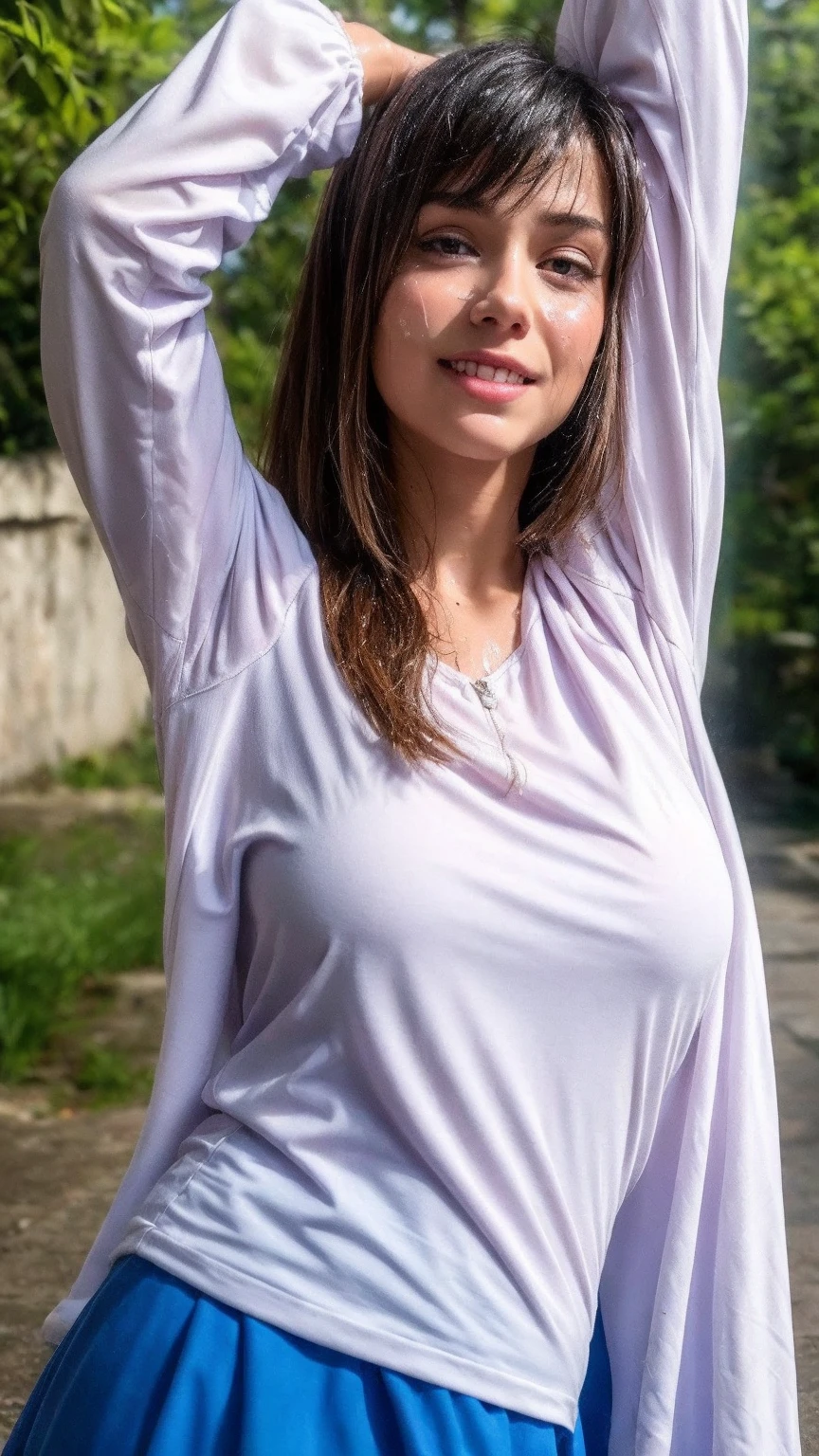 Young female tourist at waterfall, bright sunshine, hiking clothes, pullover, long pants, highres,4k,HDR,1girl, photorealistic, realistic,sweat skin, wet clothes, wet body, soaked, dripping, smiling at viewer, closeup