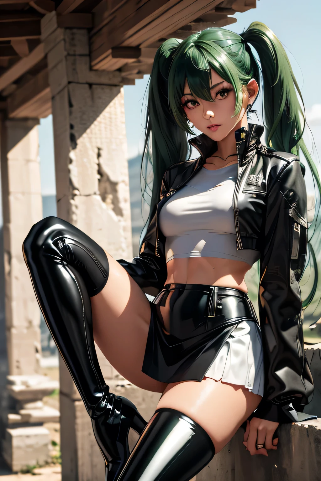 masterpiece,Highest quality, One girl, alone, Green Hair, Iris, Gray background, boots, Black footwear, black dress, igarashi futaba (shiromanta), View your viewers, dress, Arms crossed, side ponytail, squat, Simple Background, Bare shoulders, Medium Hair, blush, ponytail, Juru, whole body, Hair between the eyes, Cosplay, Mouth closed, No sleeve, bangs, chest, Sitting, Thigh straps, knee boots, Halter neck, Armband,smile