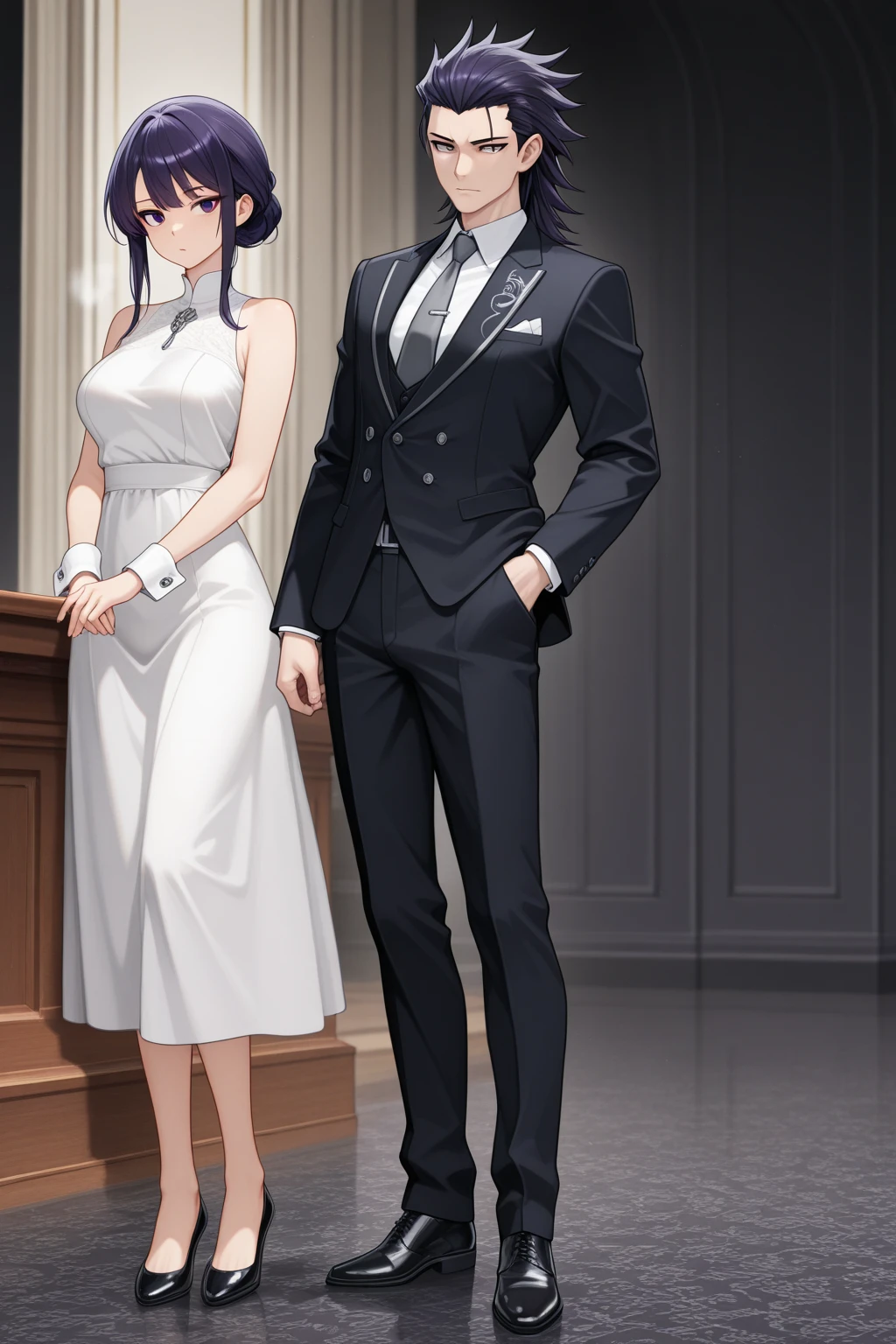 ((Highest quality)), ((masterpiece)), (detailed), (Perfect Face)、The woman is Reika Aoki, the wife of a mafia boss, with medium-long black hair and an engagement ring.、The woman is wearing a gorgeous mafia-like party dress at a luxurious party venue and is being escorted by a mafia boss.、The woman is happily escorted by the mafia boss, making them seem like a happy couple.