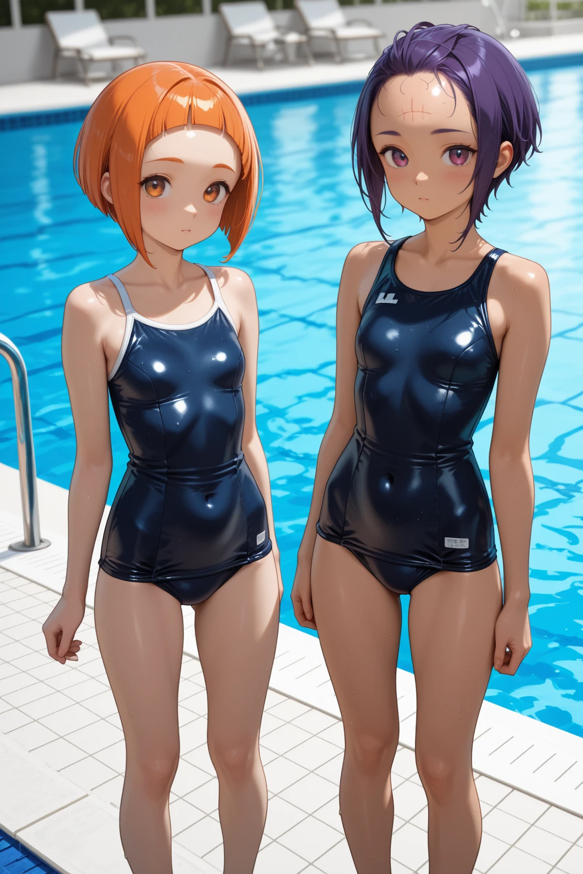 2The girls face each other, face shame, Short hair, surreal, 4K, professional photos, 14-year-old girl, HDR, detailed face, school swimsuit (full coverage swimsuit), masterpiece, (light), beautiful background, realistic background, realistic photo