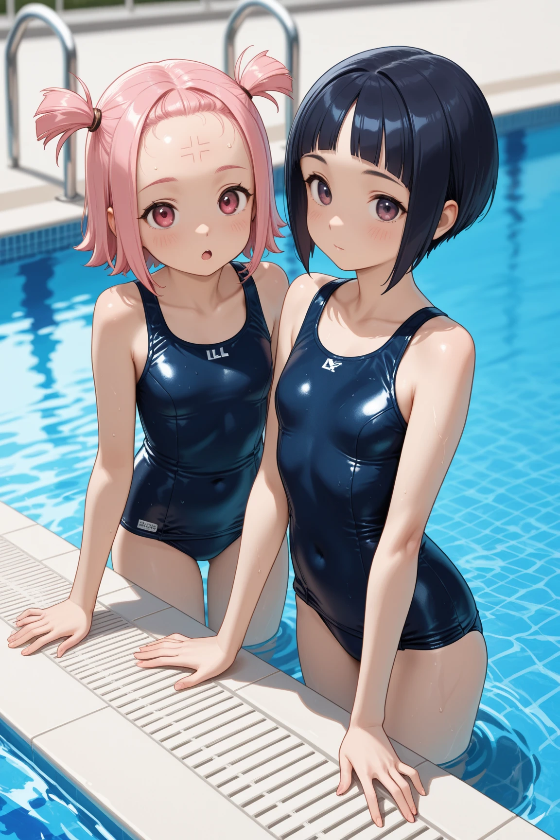 ((2D beautiful girl. top-quality, Perfect Finger 1.3, Perfect Anatomy 1.3, extremely delicate and beautiful illustration)), cute girl, (transform sequence), ((school one-piece swim wear)), 17years, Slender beautiful girl, Fractal Art, ((shine platinum silver hair, bob cut)), glossy silver eyes, Full Body Display, (1 persons), outdoor, school swimming pool side, sunshine, embarrassed, little smile